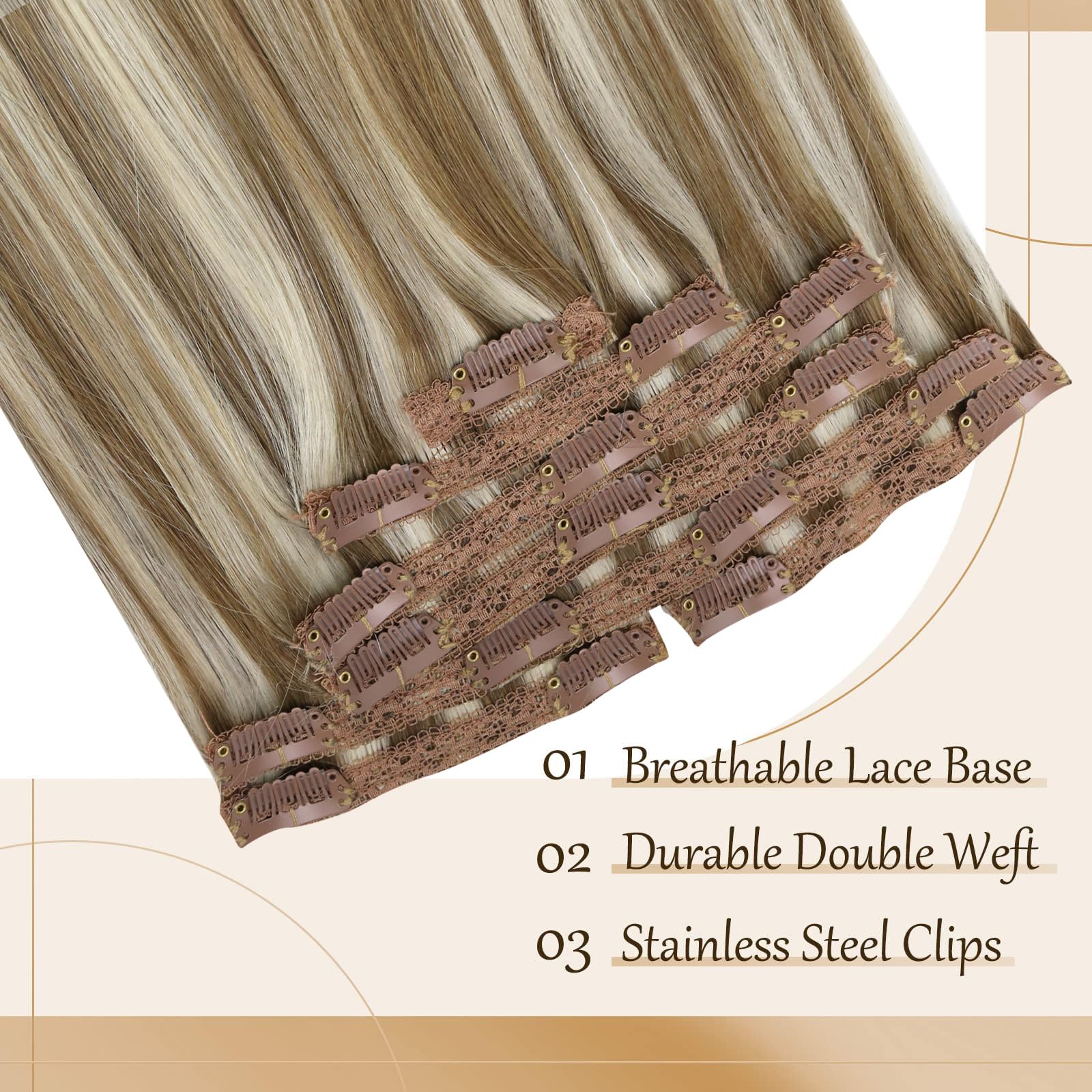 Sunny Real Human Hair clip in Hair Extensions Blonde Brown Highlights clip in Remy Hair Extensions Light Brown with Platinum Blo