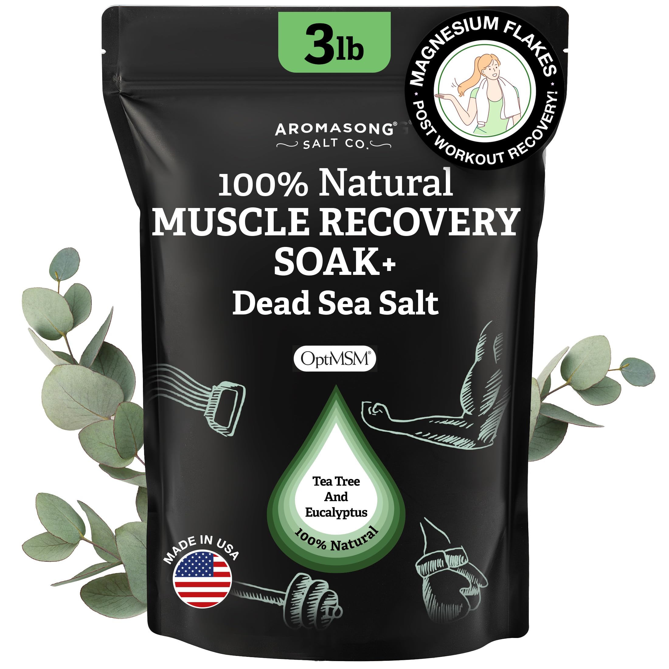 Aromasong Muscle Recovery Bath Soak 3 LB - Natural Bath Salt with Dead Sea Salt, Pure MSM, Magnesium Flakes & Essential Oils for