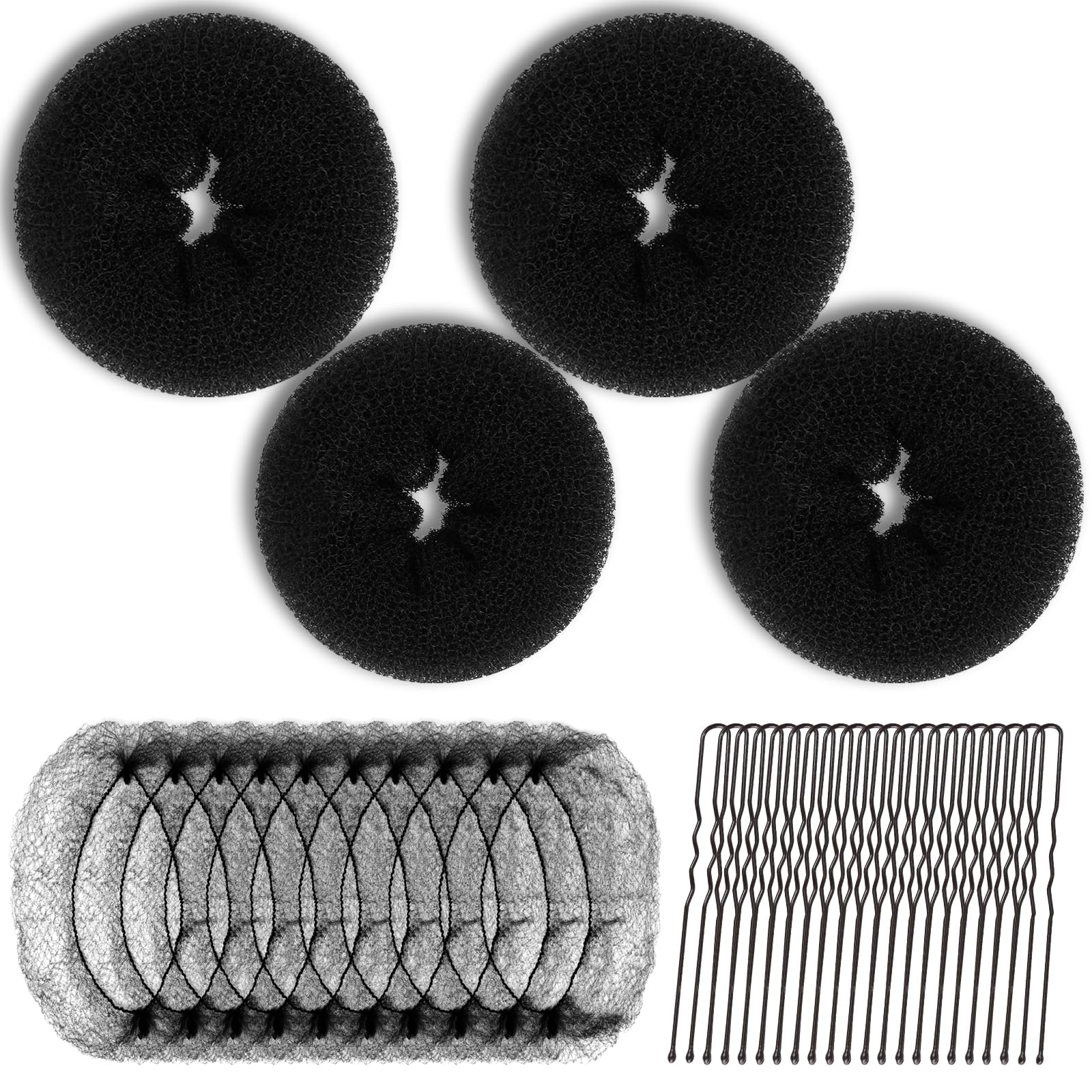 Teenitor Donut Hair Bun Maker Set, Hair Nets For Buns, 4 Pcs Medium Donut Shapers, 10 Pcs Invisible Hair Nets, 10 Pcs Bobby Pins