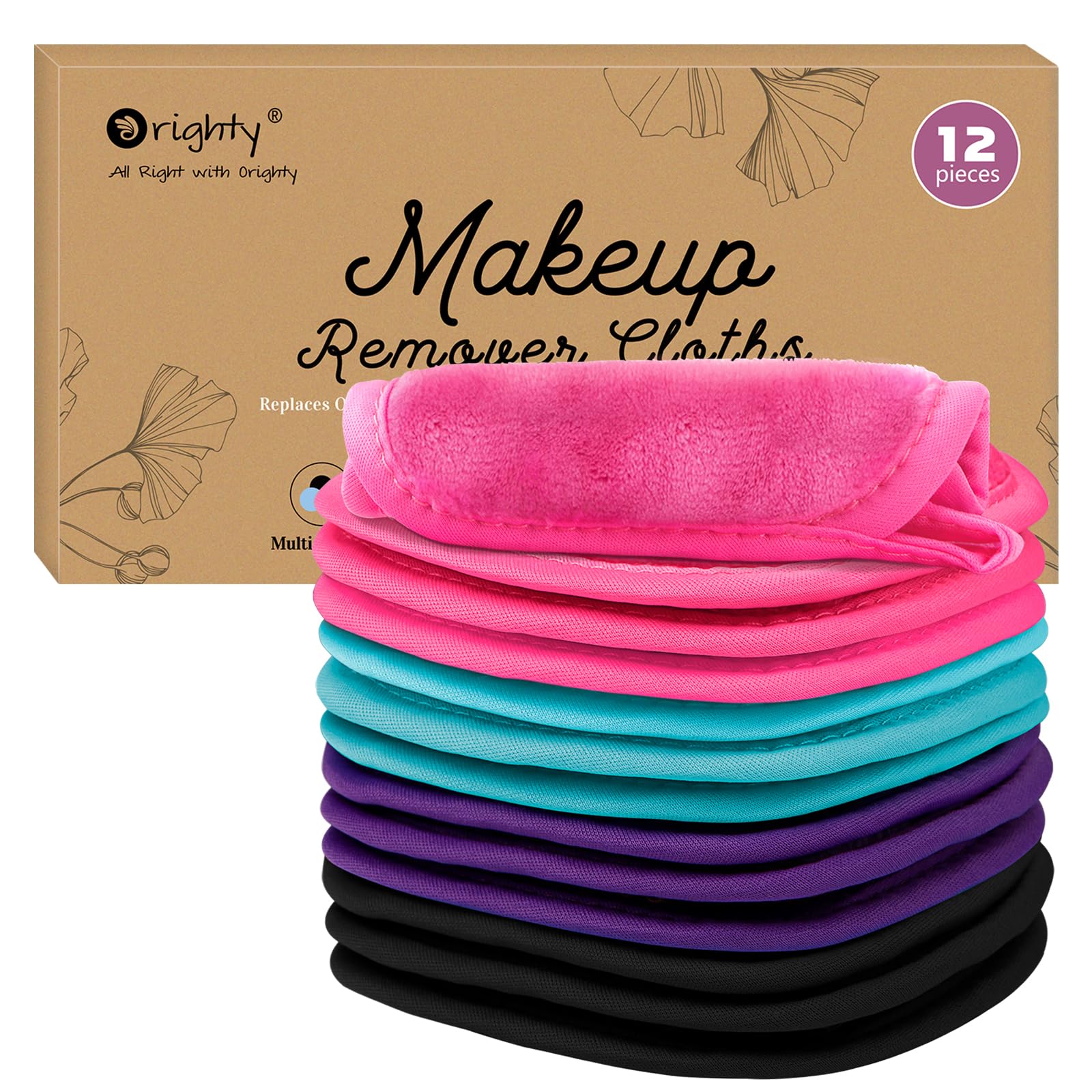 Orighty Makeup Remover Cloths 12 Pack, Makeup Removal Face Cleansing Cloth, Reusable Makeup Remover Pads Remove Instantly Dirt W