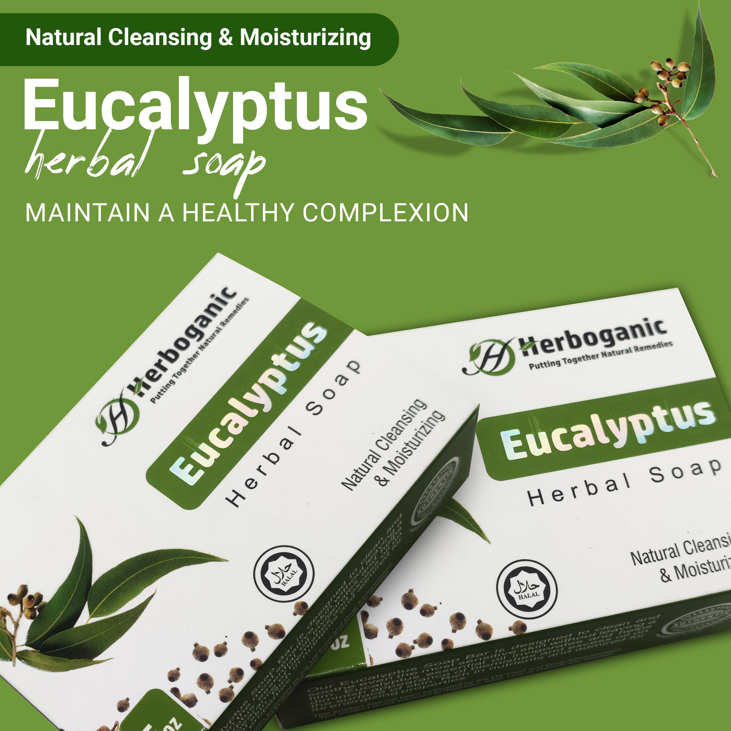 HERBOGANIC Eucalyptus Herbal Soap | Pack of 6 of 5oz soap Bar | Ideal for Men and Women, Soothing and Nourishing Soap for Moistu