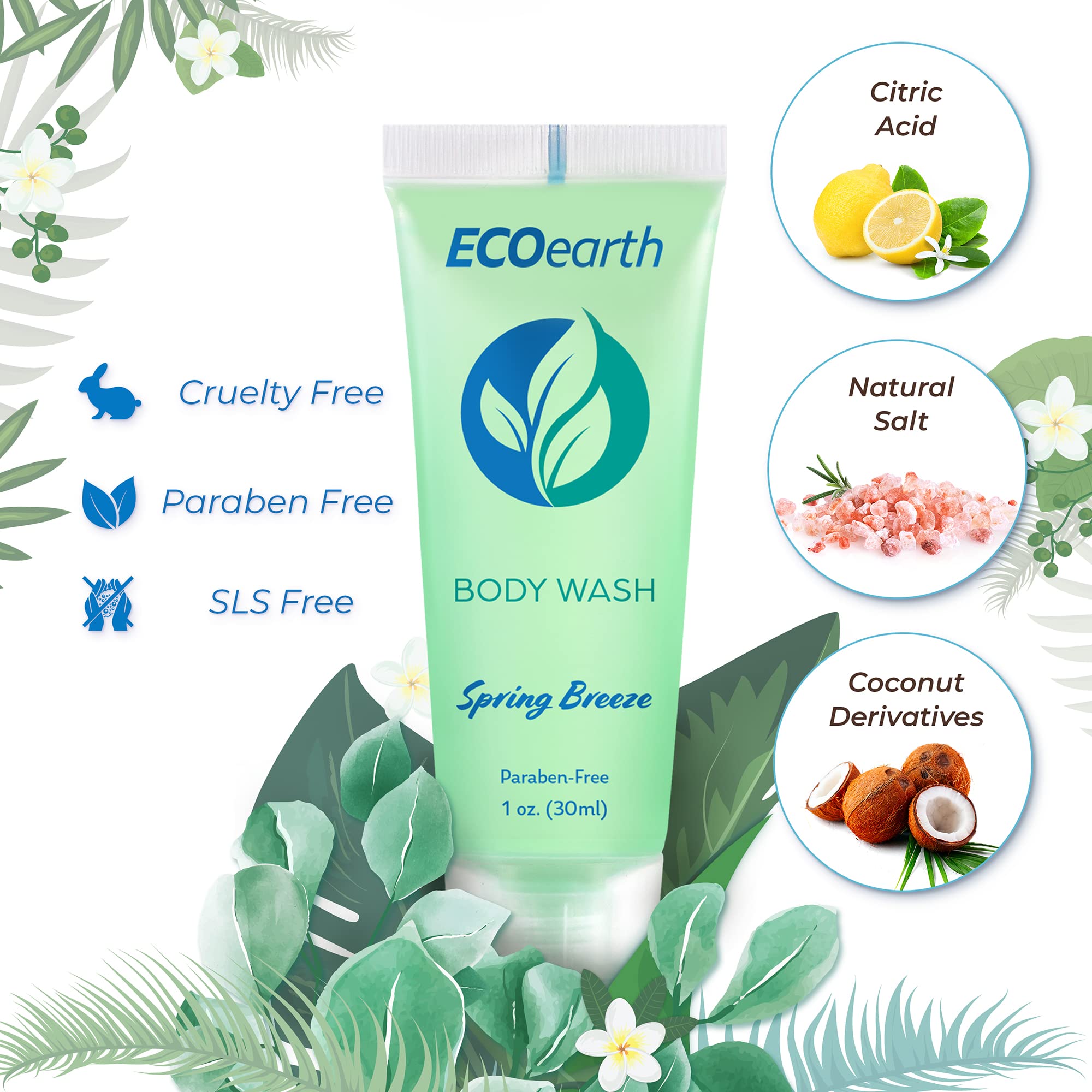 Ecoearth Hotel Toiletries Bundle (Spring Breeze, 1 Oz Each, 125 Pieces) 5-Piece Set: 25 Each Round Bar Soap, Shampoo, Conditione