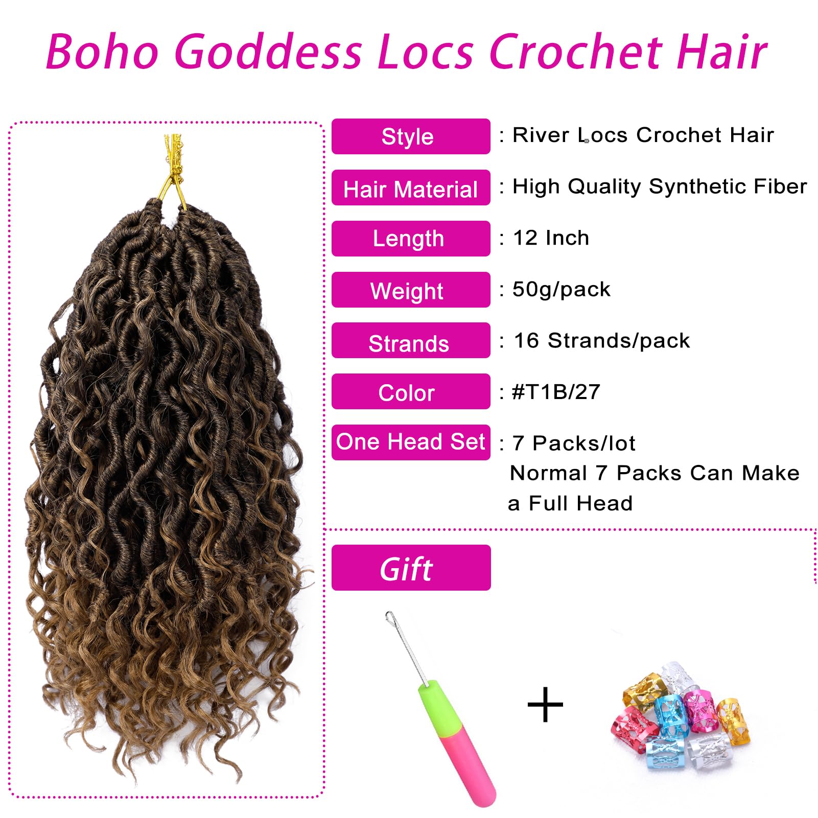 Goddess Locs Crochet Hair 12 Inch 7 Packs Ombre Boho Faux Locs Crochet Hair for Black Women Pre Looped Crochet Locs with Curly E