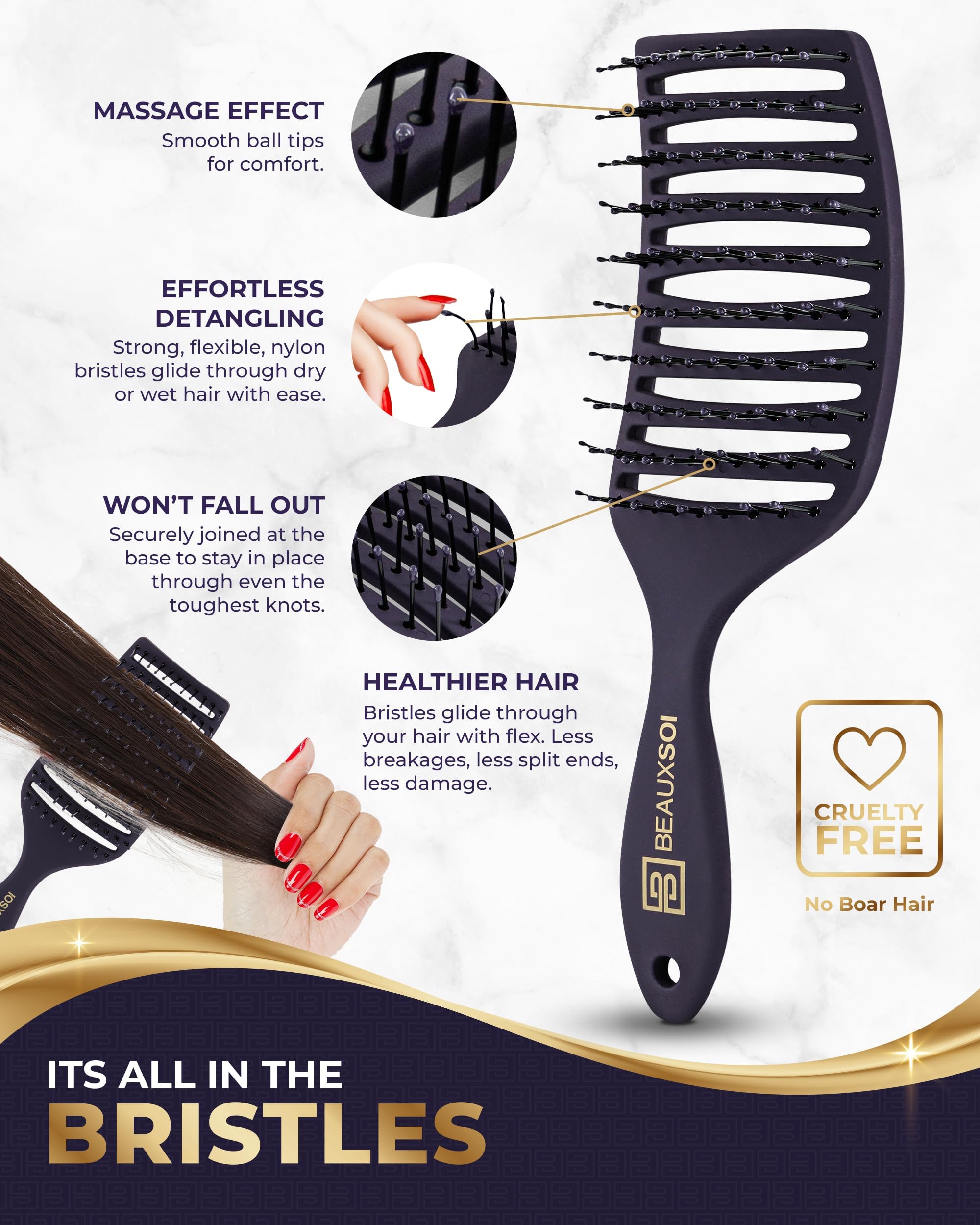 Beauxsoi Vented Brush For Blow Drying, Shower & Thick, Coily Or Straight Hair | Detangling Brush With Curved Vents & Wide Frame