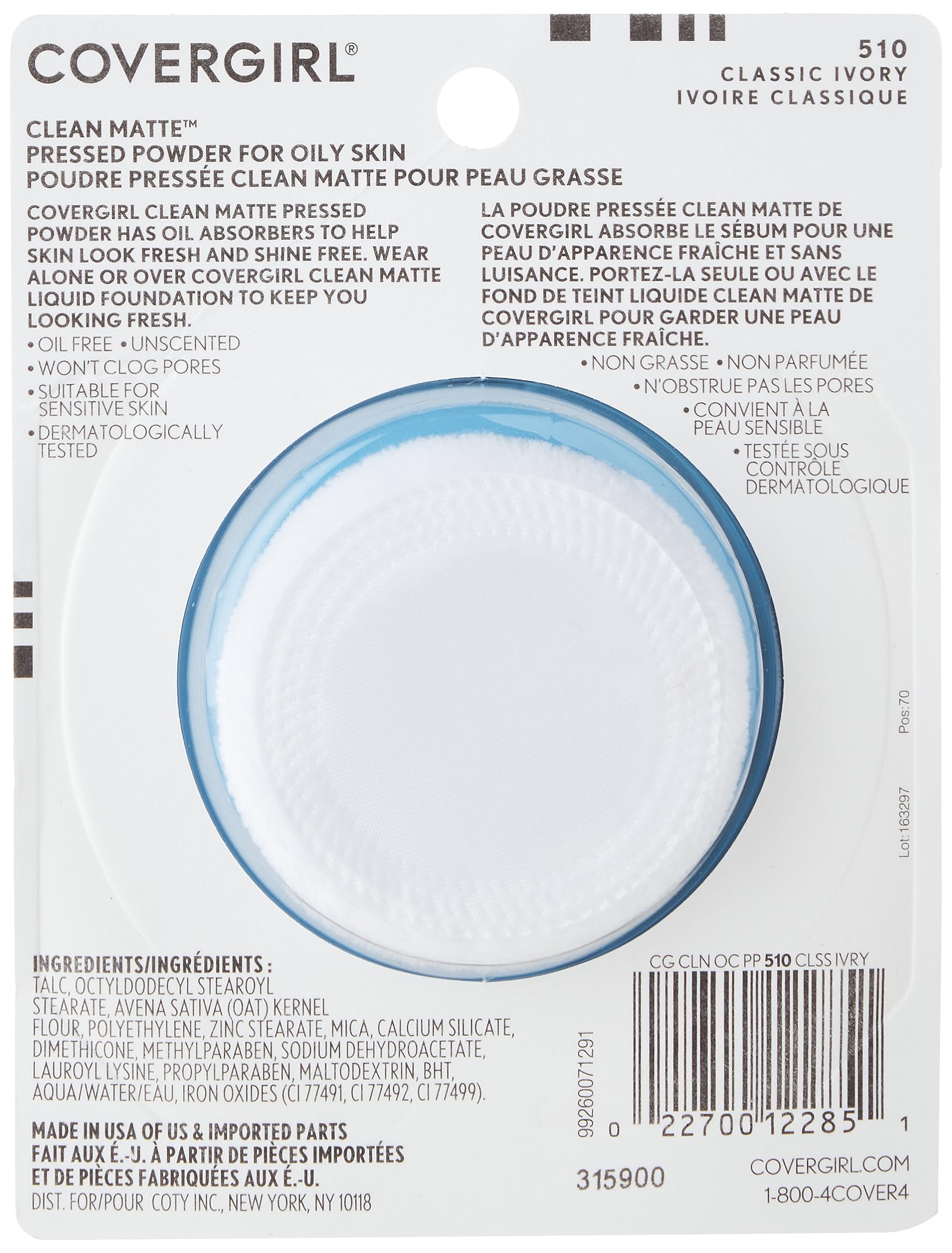 Covergirl Clean Matte Pressed Powder, Oil Control Powder, 1 Container, .35 Fl Oz, Face Powder, Oil Free Loose Powder, Matte Fini