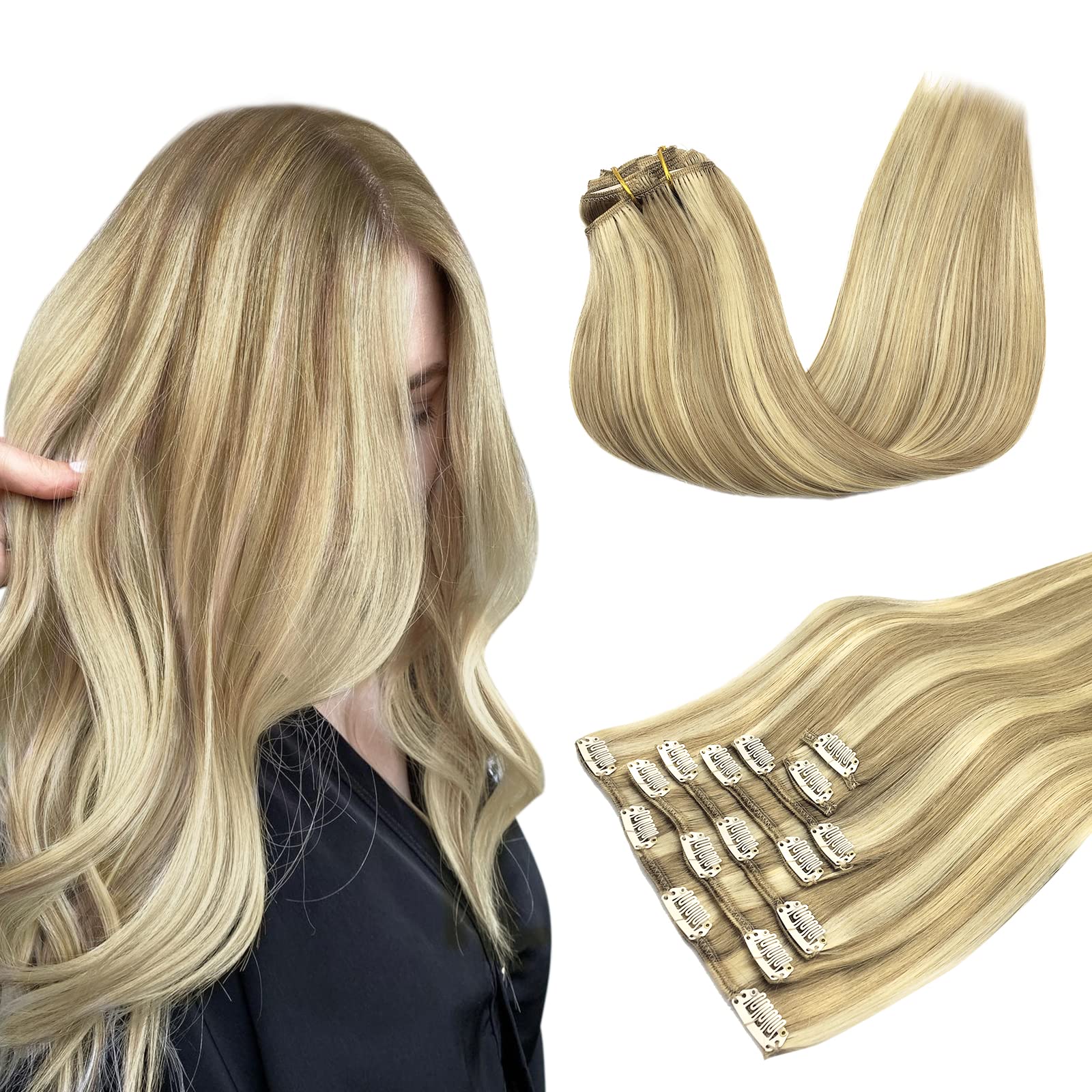 Clip in Hair Extensions Real Human Hair, 24 Inch 120g 7pcs, Light Blonde Highlighted Golden Blonde MAXITA Remy Hair Extensions C