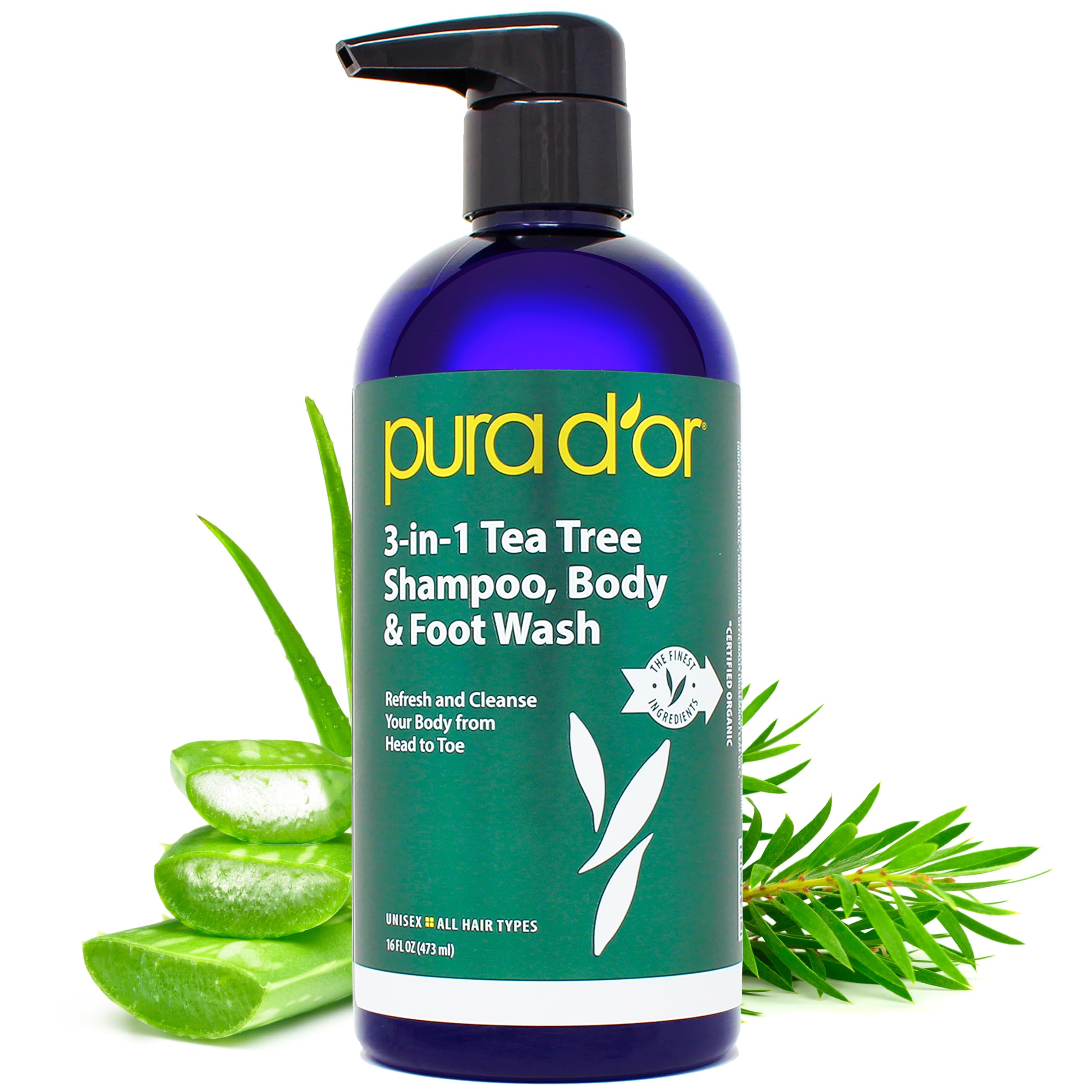 PURA D'OR 16 Oz 3-in-1 Tea Tree Shampoo, Body & Foot Wash, Shampoo - Total Body Care - Foot Odor & Daily Hygiene, Cleansing Rout