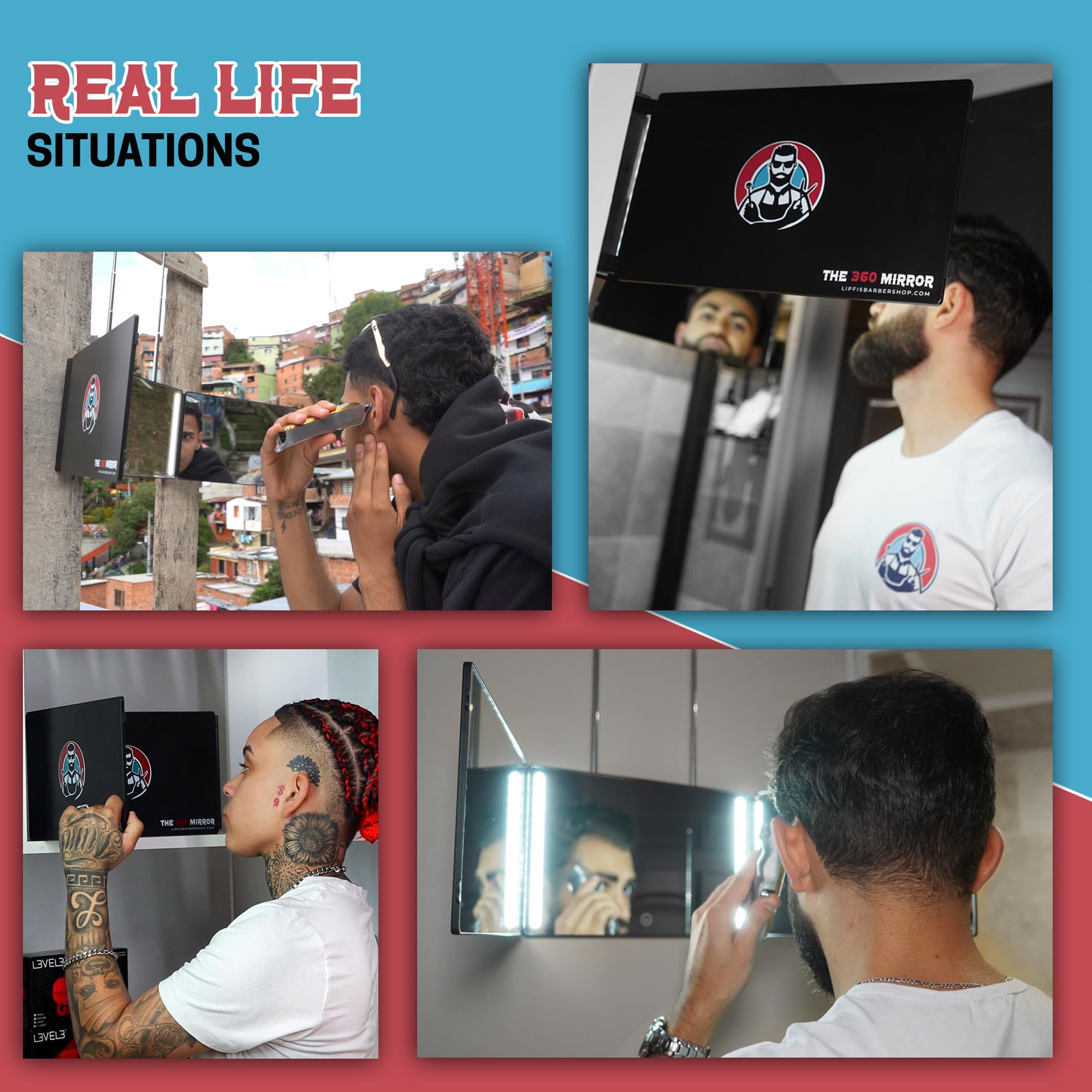 The 360 LED Mirror - Adjustable Telescoping Hooks, Perfect Self Haircut Mirror for Men - 3 Way Mirror for Hair Cutting - Mirror