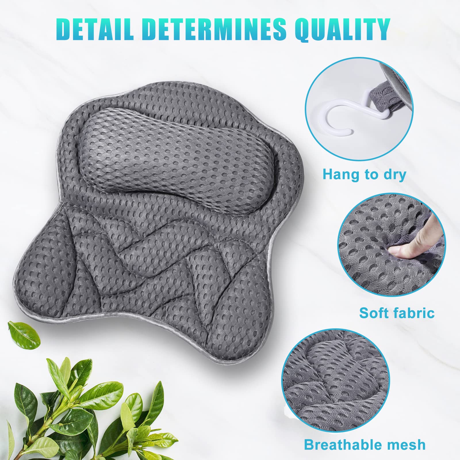 Bath Pillow, Tub Pillow For Bathtub With Strong Non-Slip Suction Cups And Comfortabl 3D Airmesh Bath Pillow For Women &Man