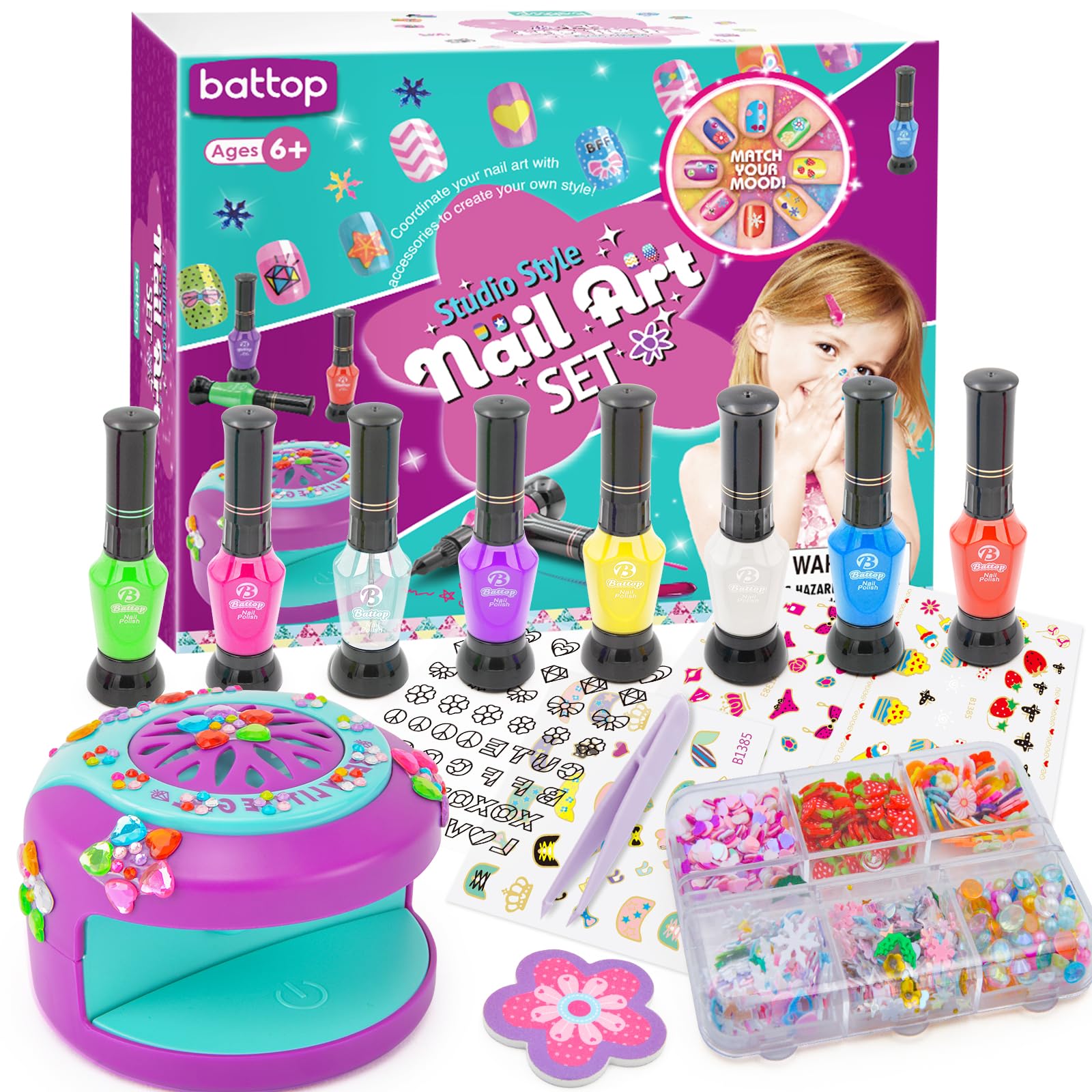 Battop Kids Nail Polish Set For Girls, Nail Art Kit For Girls With Nail Dryer & 2 In 1 Water Based Nail Polish & 3D Decoration &