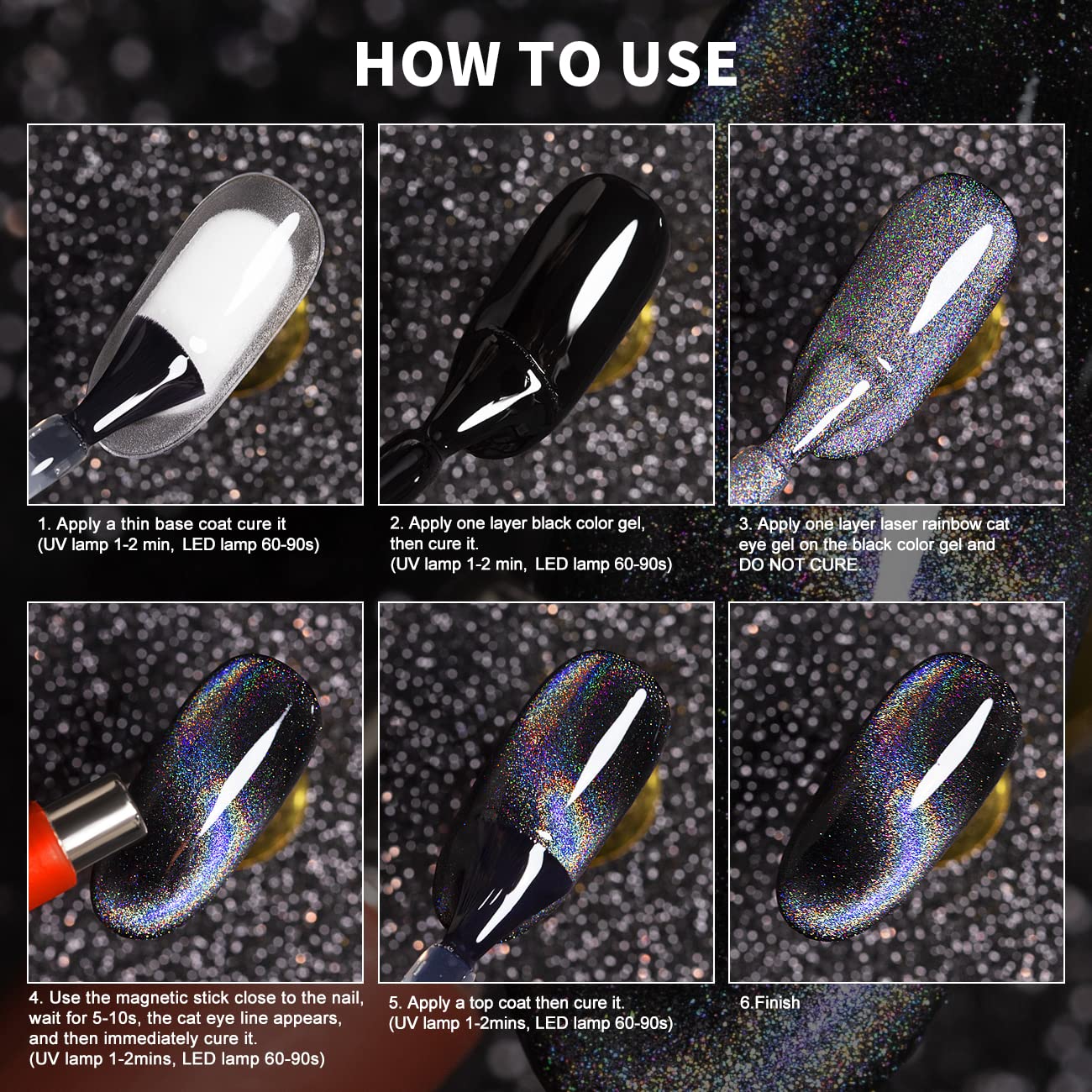 Rarjsm Silver Holographic Glitter Gel Cat Eye Gel Nail Polish, Gel Polish Galaxy Rainbow Effect Universal Without Magnet Soak Of