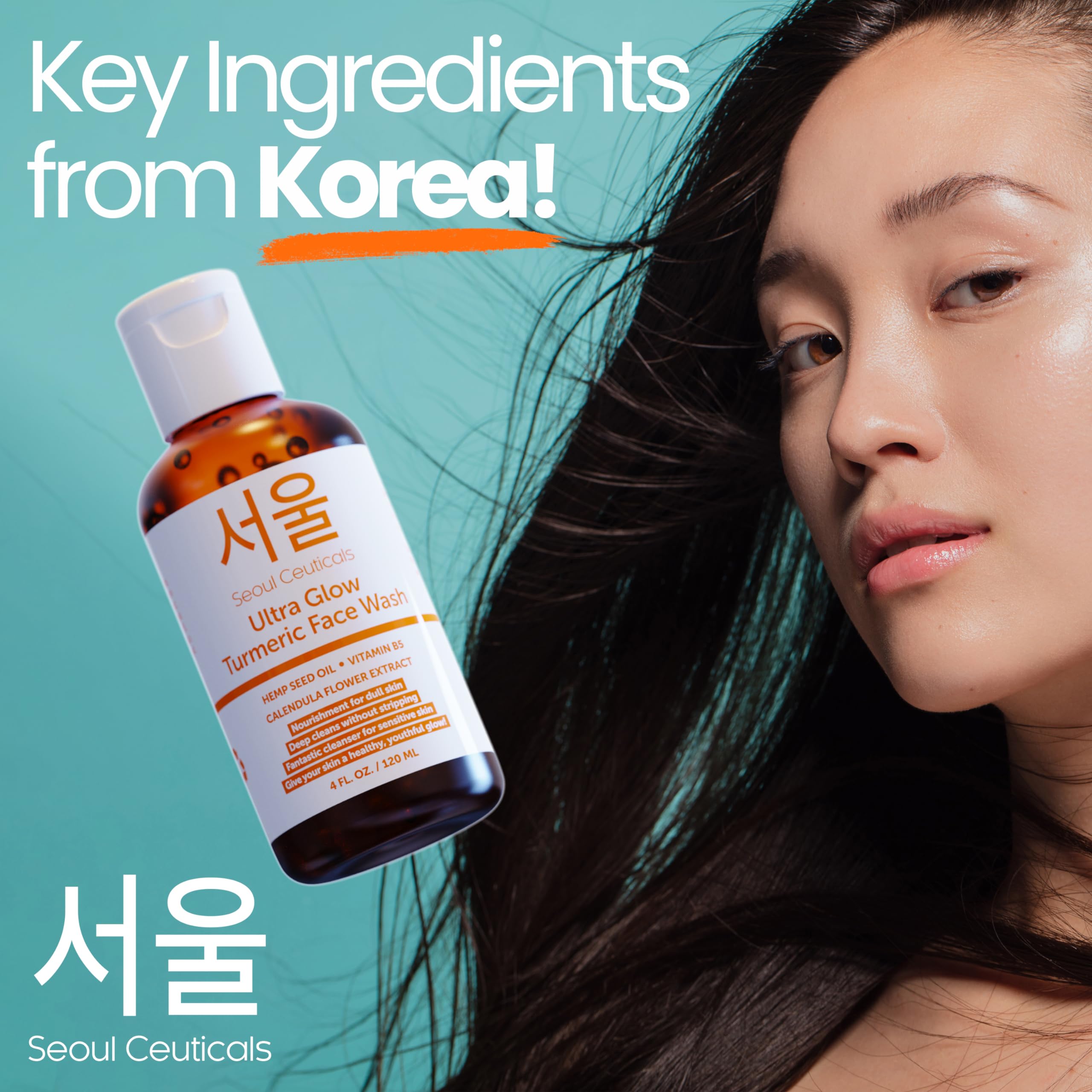 SeoulCeuticals Korean Turmeric Face Wash - Vegan, Cruelty-Free Cleanser for Dry Sensitive Skin, 4 Fl Oz
