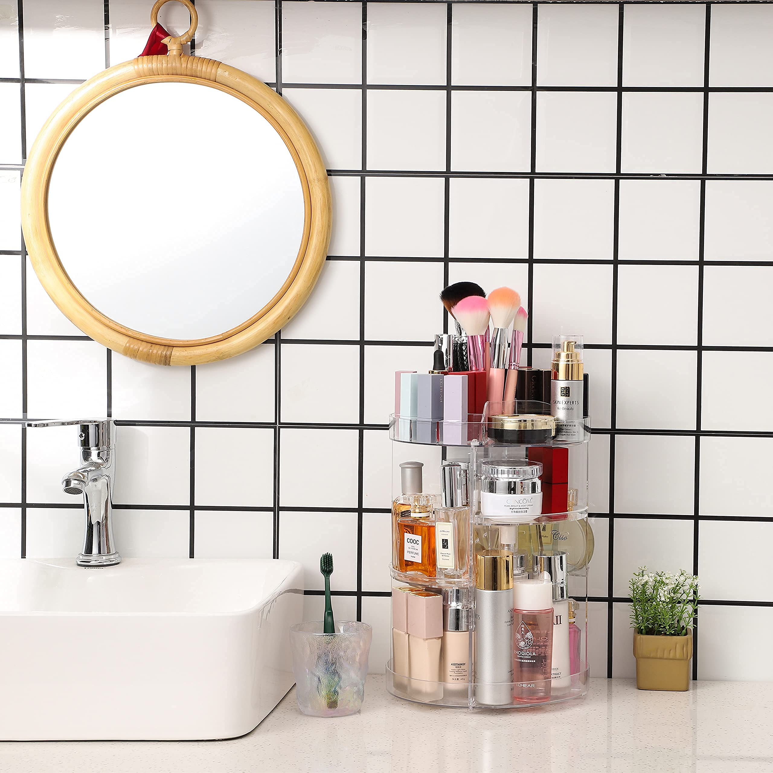Cq Acrylic 360 Degree Rotating Makeup Organizer For Bathroom,4 Tier Adjustable Spinning Cosmetic Storage Cases And Make Up Holde