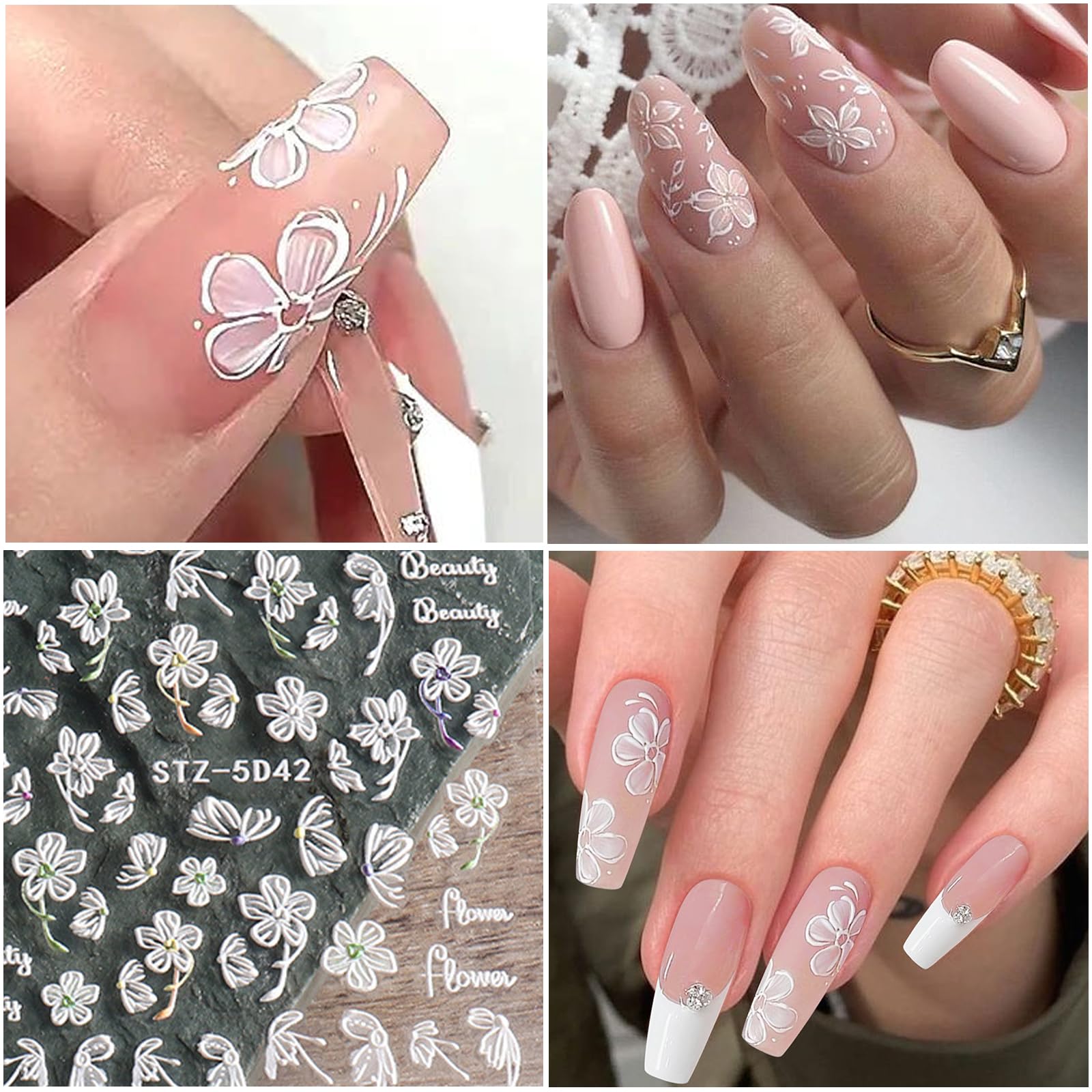 Votacos 6 Sheets White Flower Nail Art Stickers Decals 5D Embossed Nail Decals Spring Winter Nail Art Design Self-Adhesive Nail