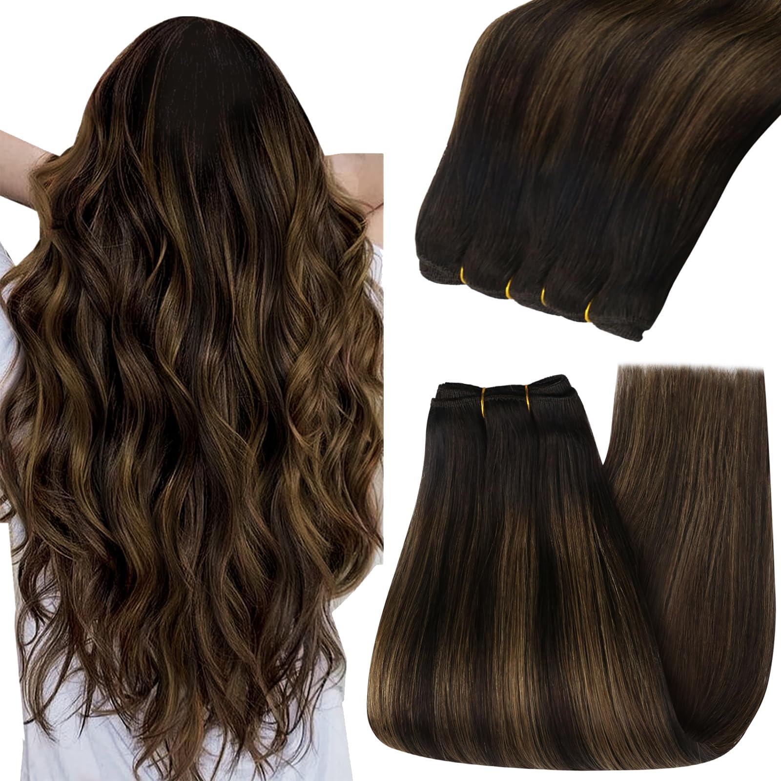 YoungSee 125G Weft Hair Extensions Brown Balayage Sew in Weft Hair Extensions Balayage Darkest Brown with Medium Brown Weft Exte