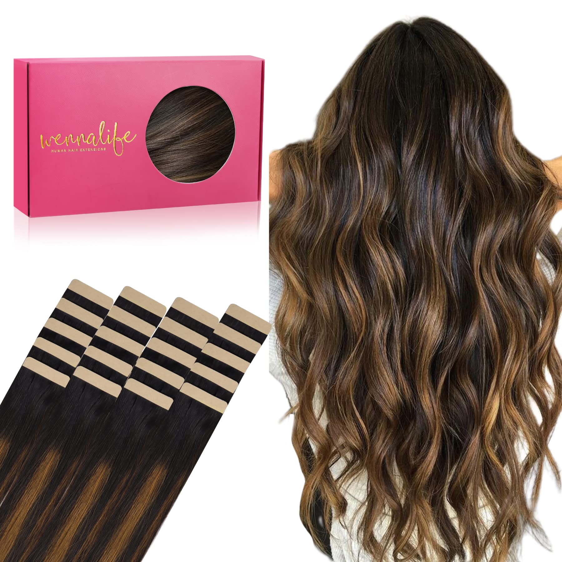 Wennalife Tape In Hair Extensions Human Hair, 20Pcs 50G 16 Inch Natural Black Mixed Chestnut Brown Remy Hair Extensions Straight