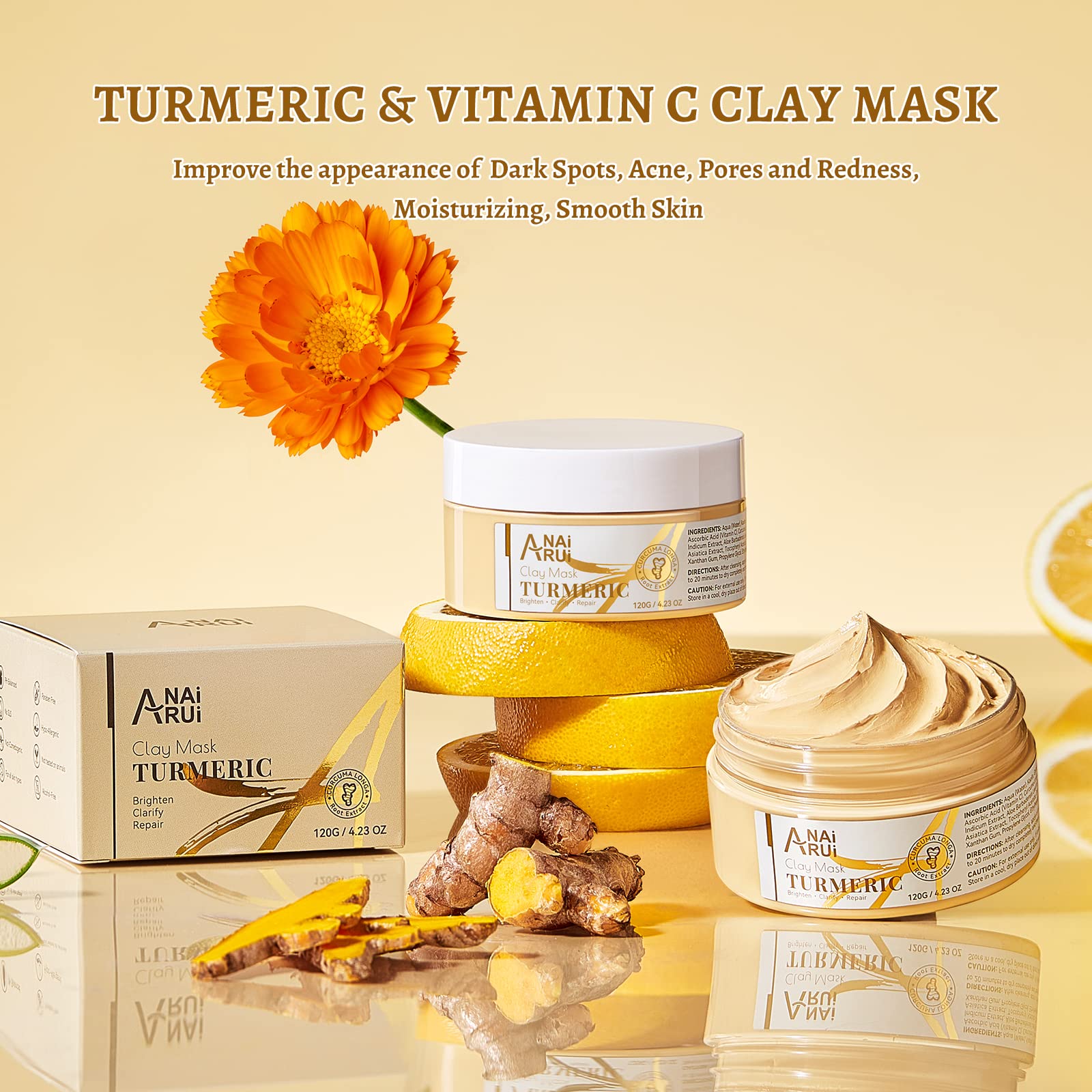 ANAI RUI Vitamin C Face Mask with Turmeric and Kaolin Clay for Dark Spots, Dull Skin, Skincare Facial Mask for Refining Pores an