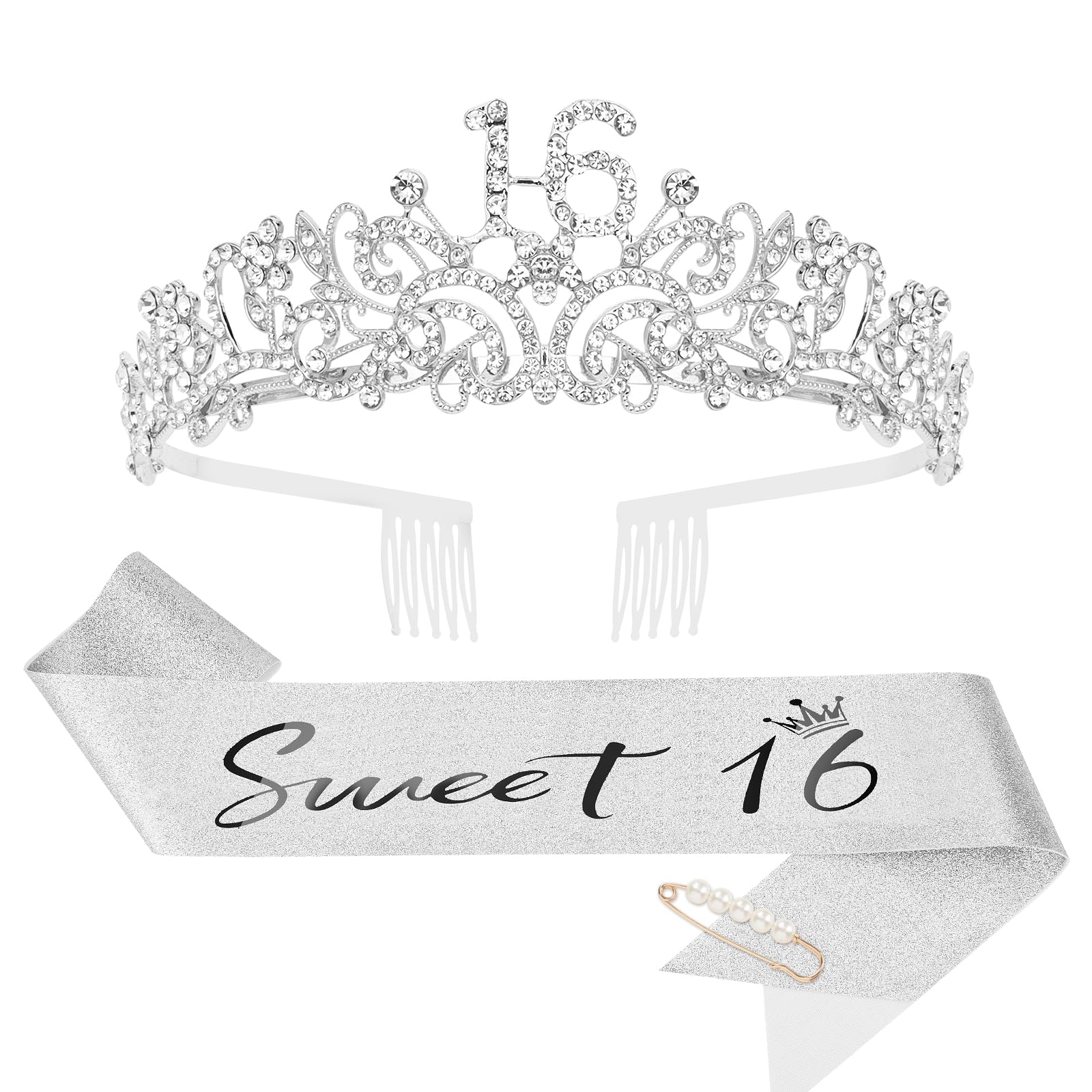 CIEHER Sweet 16 Crown + Sweet 16 Sash + Pearl Pin Set, Sweet 16 Birthday Decorations for Girls, Sweet Sixteen Gifts, 16th Birthd