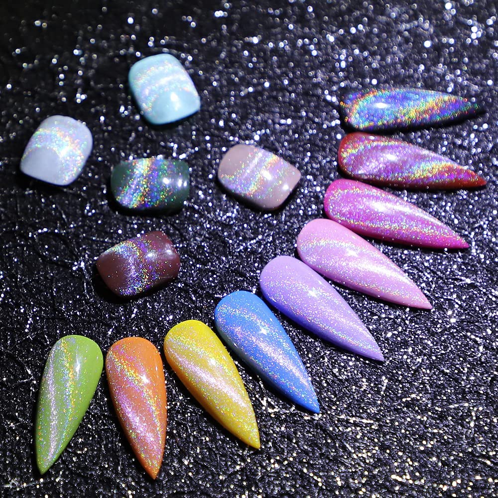 Mizhse Universal Rainbow Cat Eye Gel Nail Polish, Holographic 9D Cat Eye Magnetic Gel Polish With Magnet Stick, Shiny Glitter Ch