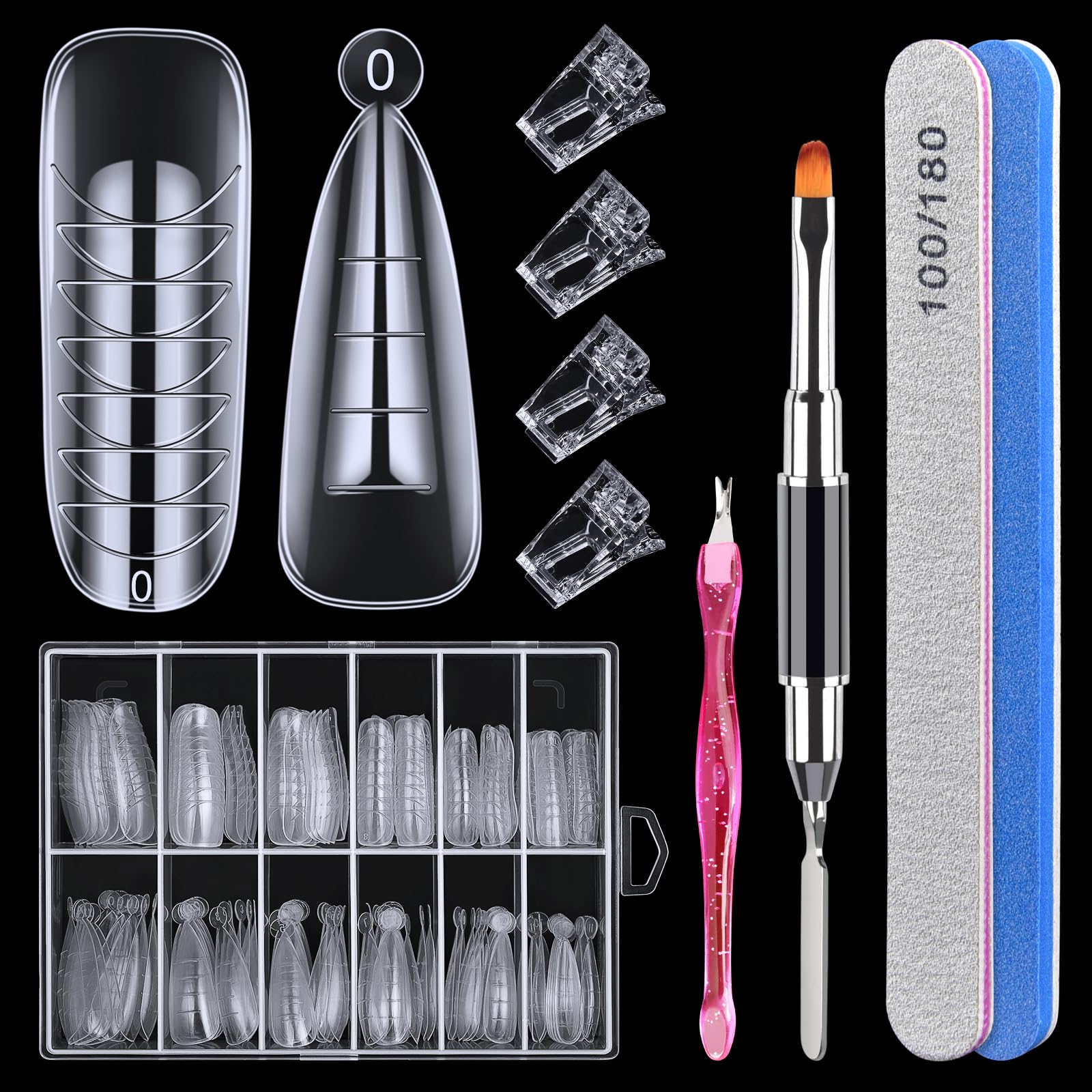 144 Pcs Nail Forms, MORGLES 2 Sizes Poly Extension Gel Dual Forms, Coffin Nails Extension with Stiletto Shape Molds, 10 Pcs Clip