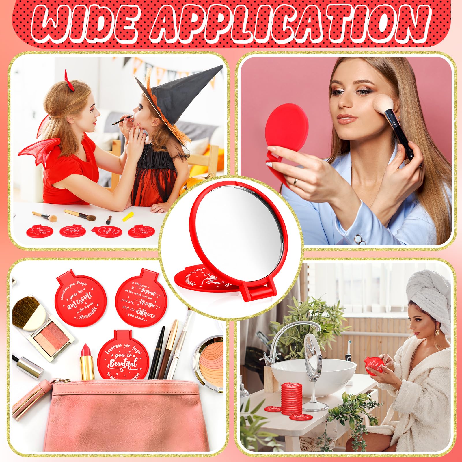 Wenqik 64 Pcs Compact Mirror Bulk Red Gifts For Women Valentine Small Inspirational Pocket Purse Handheld Mirror Portable Round