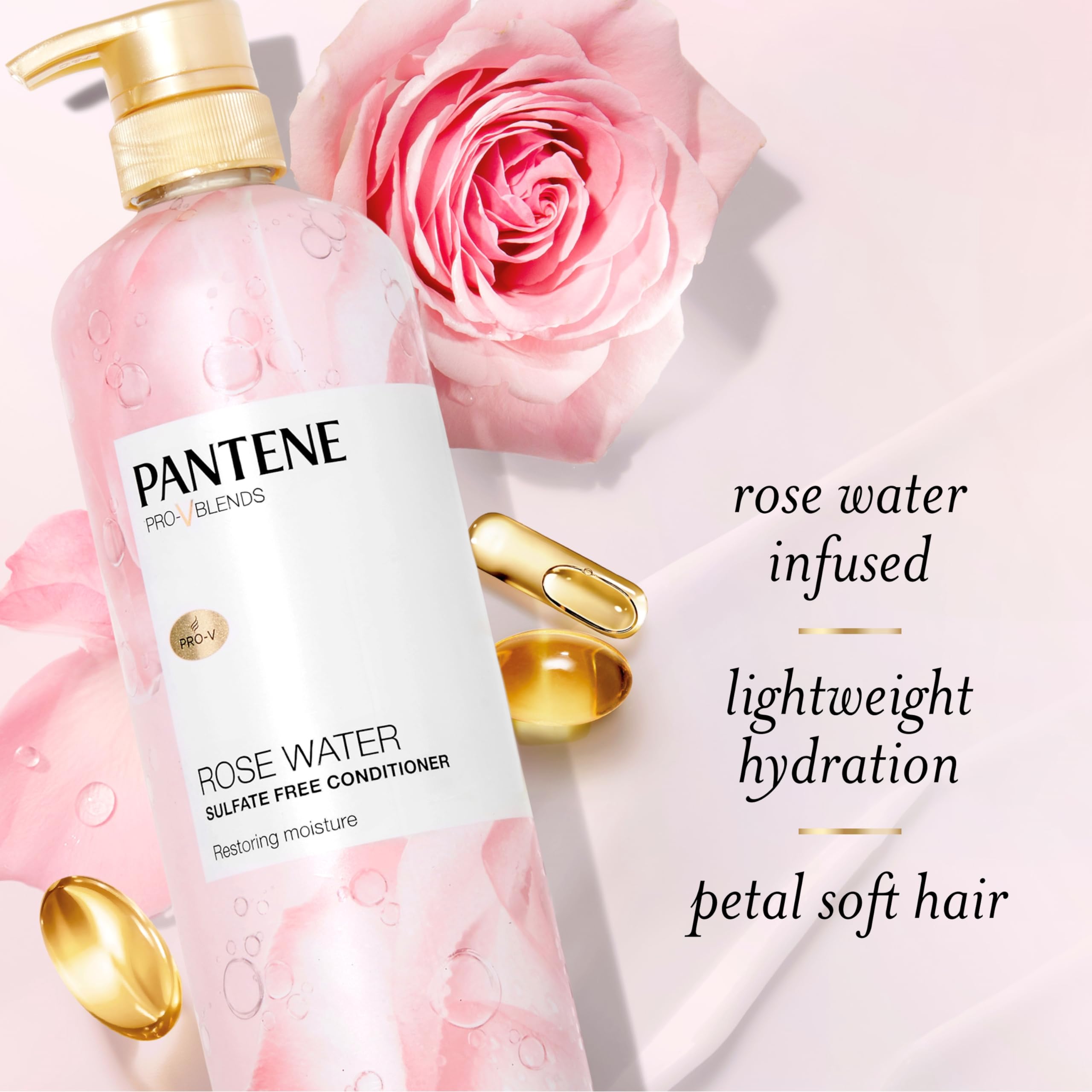 Pantene Rose Water Conditioner, Soothes, Replenishes Hydration, Safe For Color Treated Hair, Nutrient Infused With Vitamin B5 An