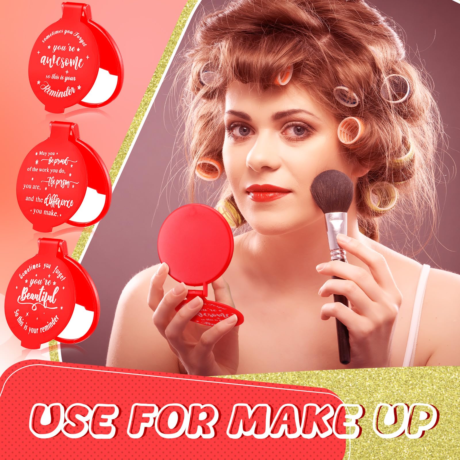 Wenqik 64 Pcs Compact Mirror Bulk Red Gifts For Women Valentine Small Inspirational Pocket Purse Handheld Mirror Portable Round