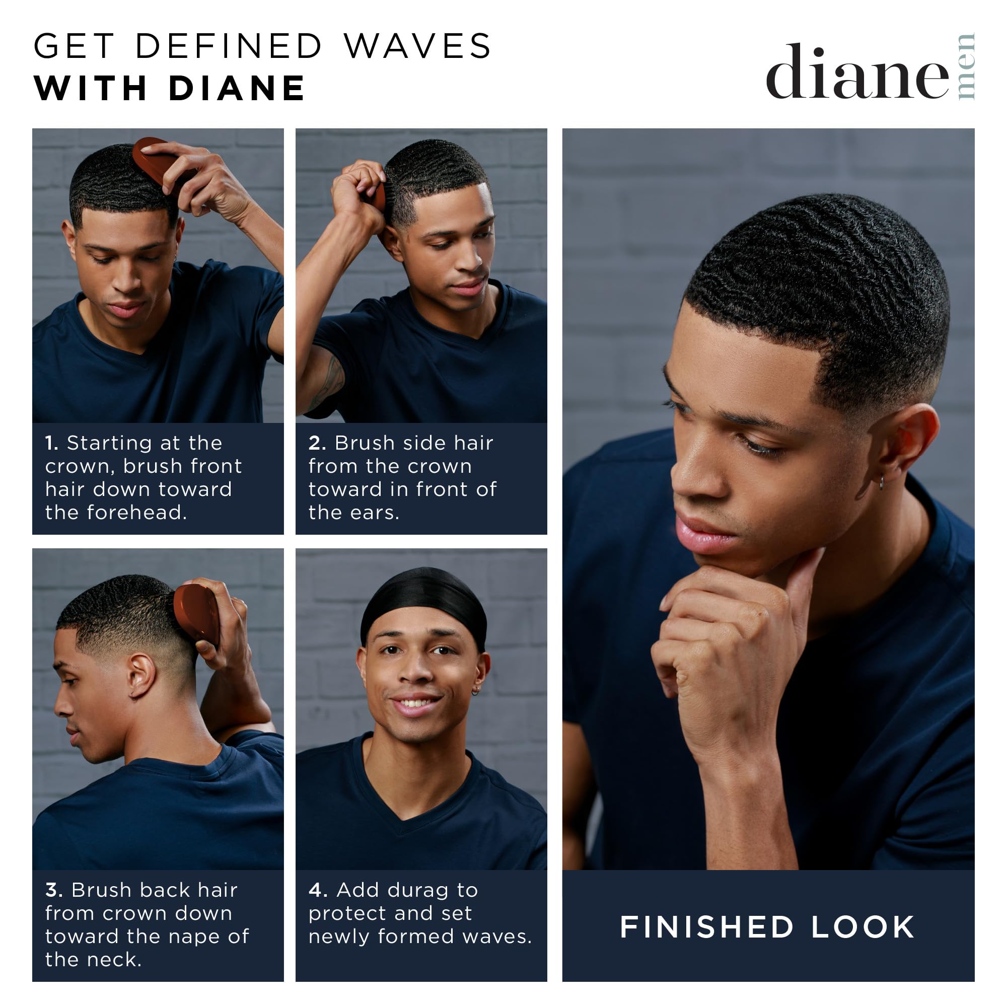 Diane Reinforced Boar Bristle Wave Brush for Men and Barbers - Medium Bristles for Thick and Curly Hair - Use for Detangling, Sm