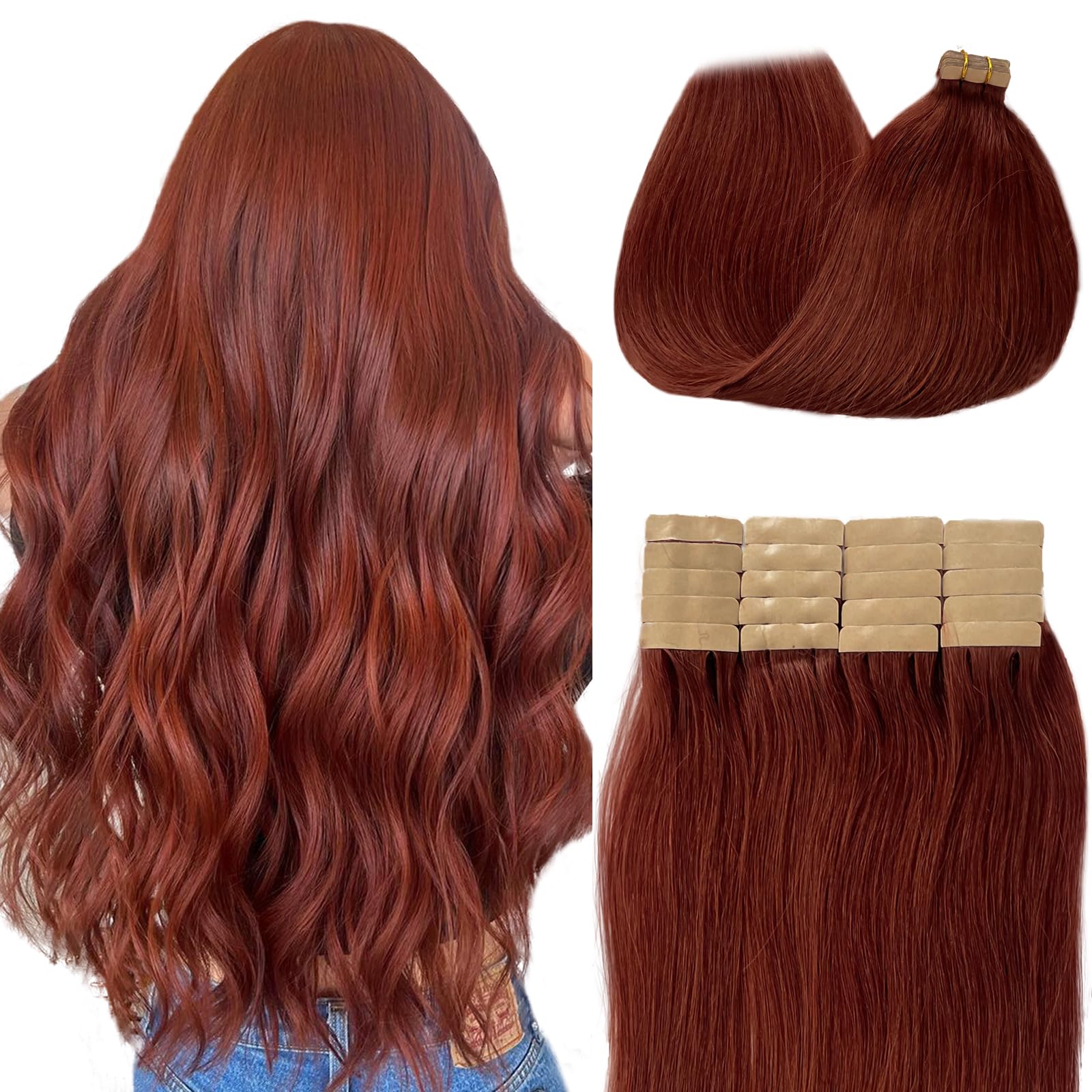 Dark Auburn Tape In Hair Extension Human Hair 20Inch 50G 20Pcs Skin Weft Remy Straight Hair #33 Dark Auburn Tape In Hair Extensi