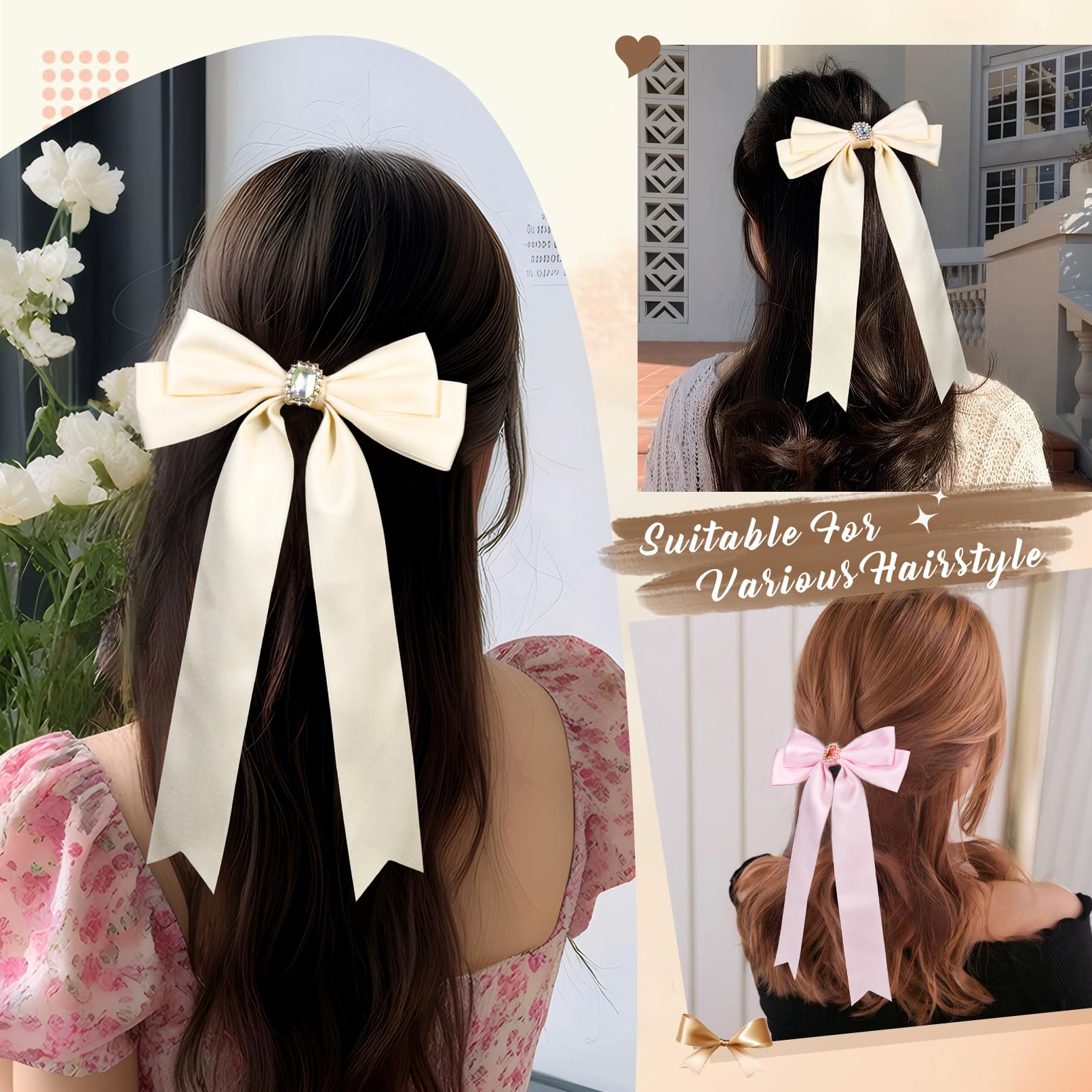 2Pcs Hair Bows For Women Hair Clip Beige Pink Hair Ribbon Rhinestone Hair Accessories Glitter Bowknot Long Hair Barrettes For Wo
