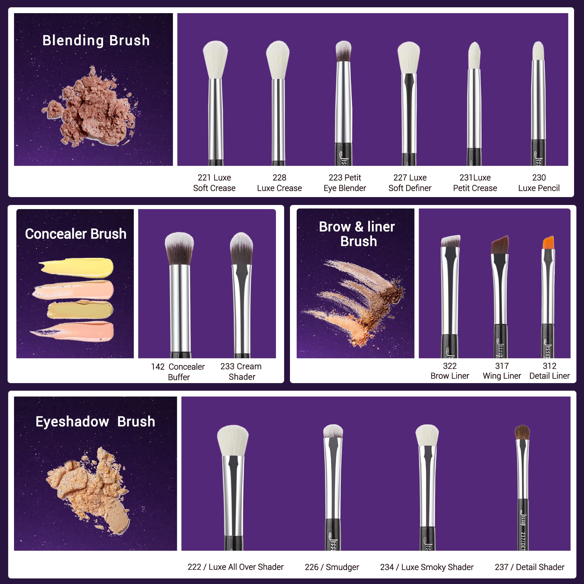 Jessup Eye Makeup Brushes Set Professional 15pcs with Eyeshadow Blending Concealer Eyebrow Eyliner Brush (Pearl Black/Silver)