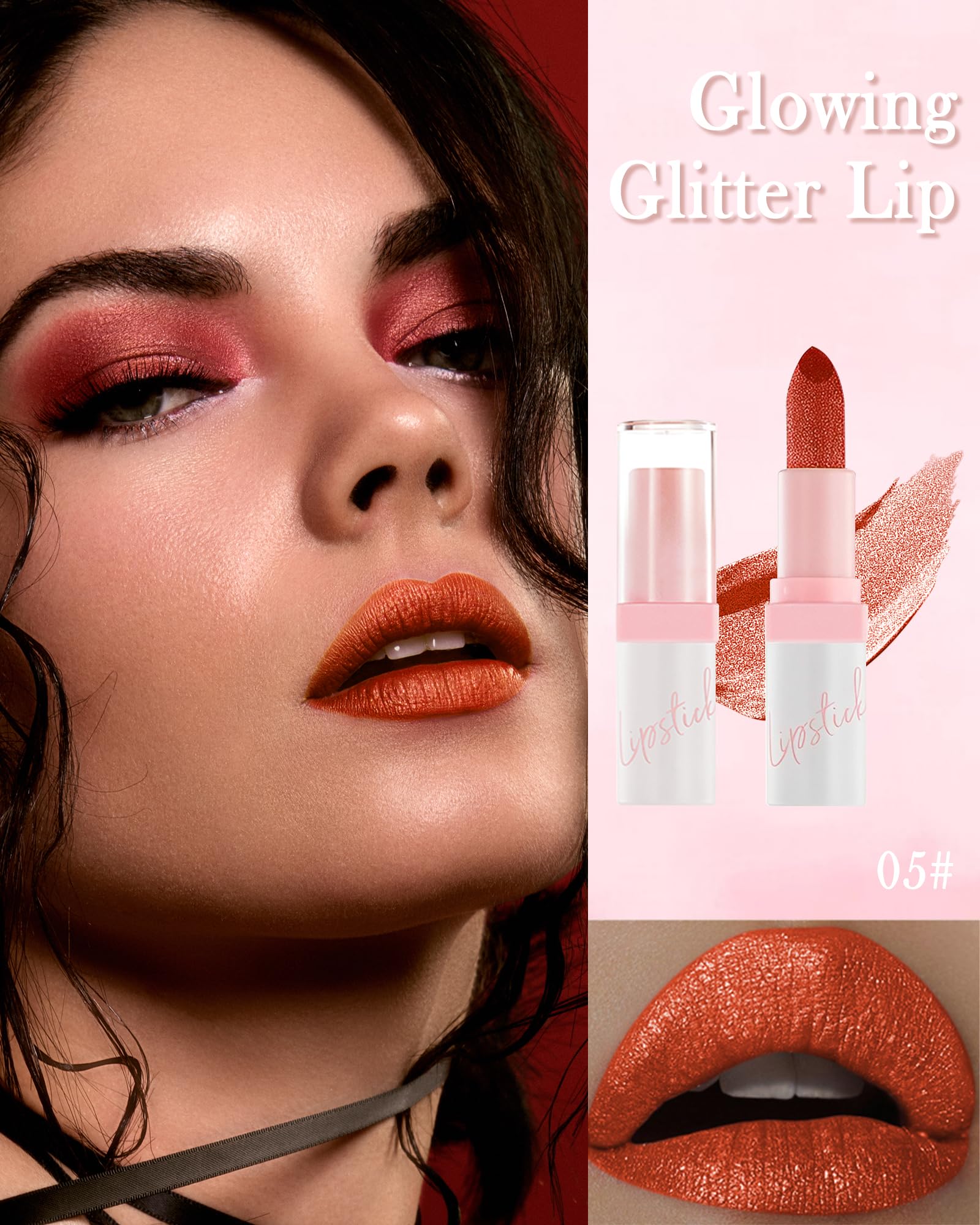 Diamond Glitter Matte Lipstick,Longlasting Waterproof Ruby Red Metallic Shimmer Lip Gloss Lipgloss,Sparkling High Pigment Non-St