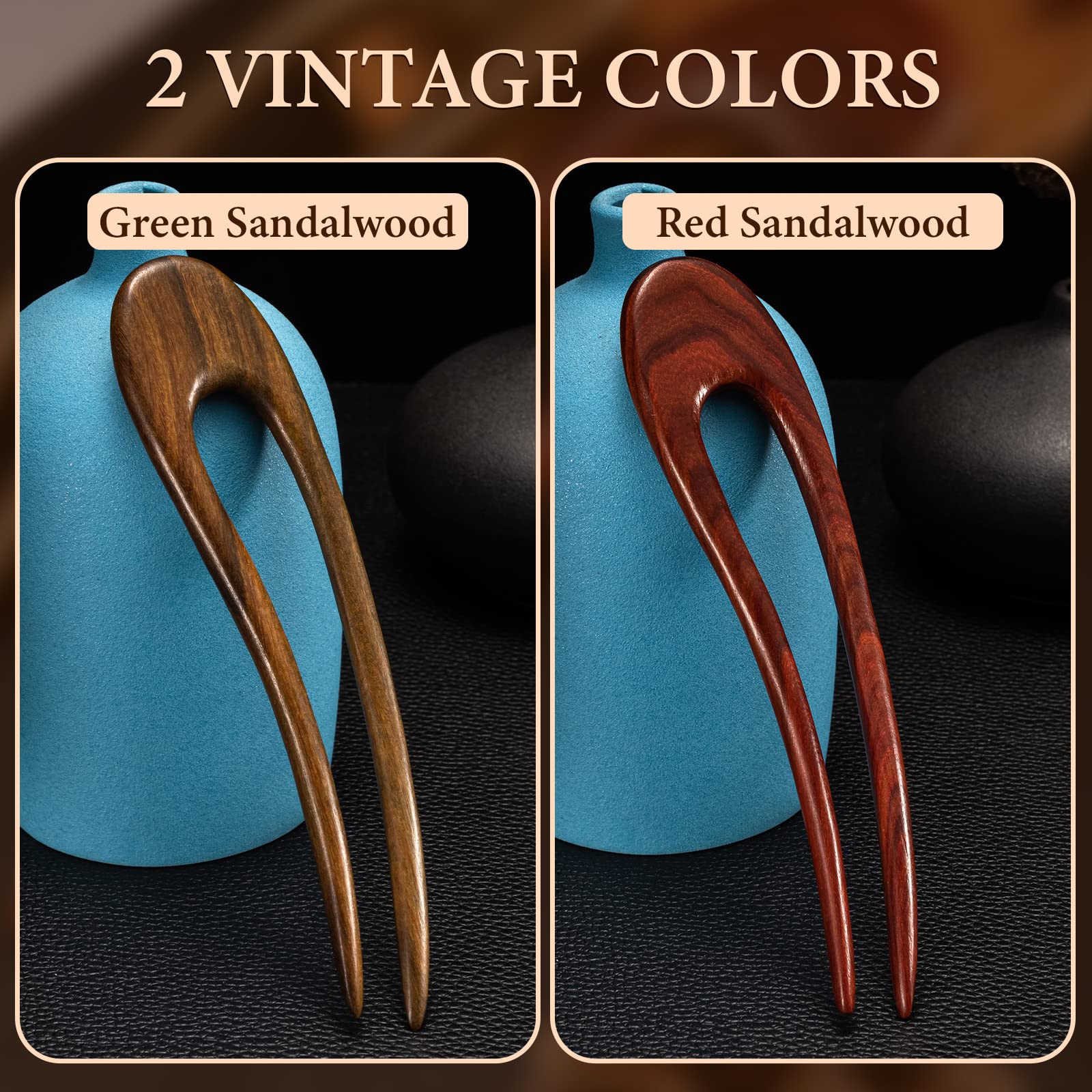Noverlife 2Pcs French Wood Hair Forks, Hand-Carve Ebony Sandalwood U Shape Hair Sticks, With Crescent Moon Design, 2 Prong Updo