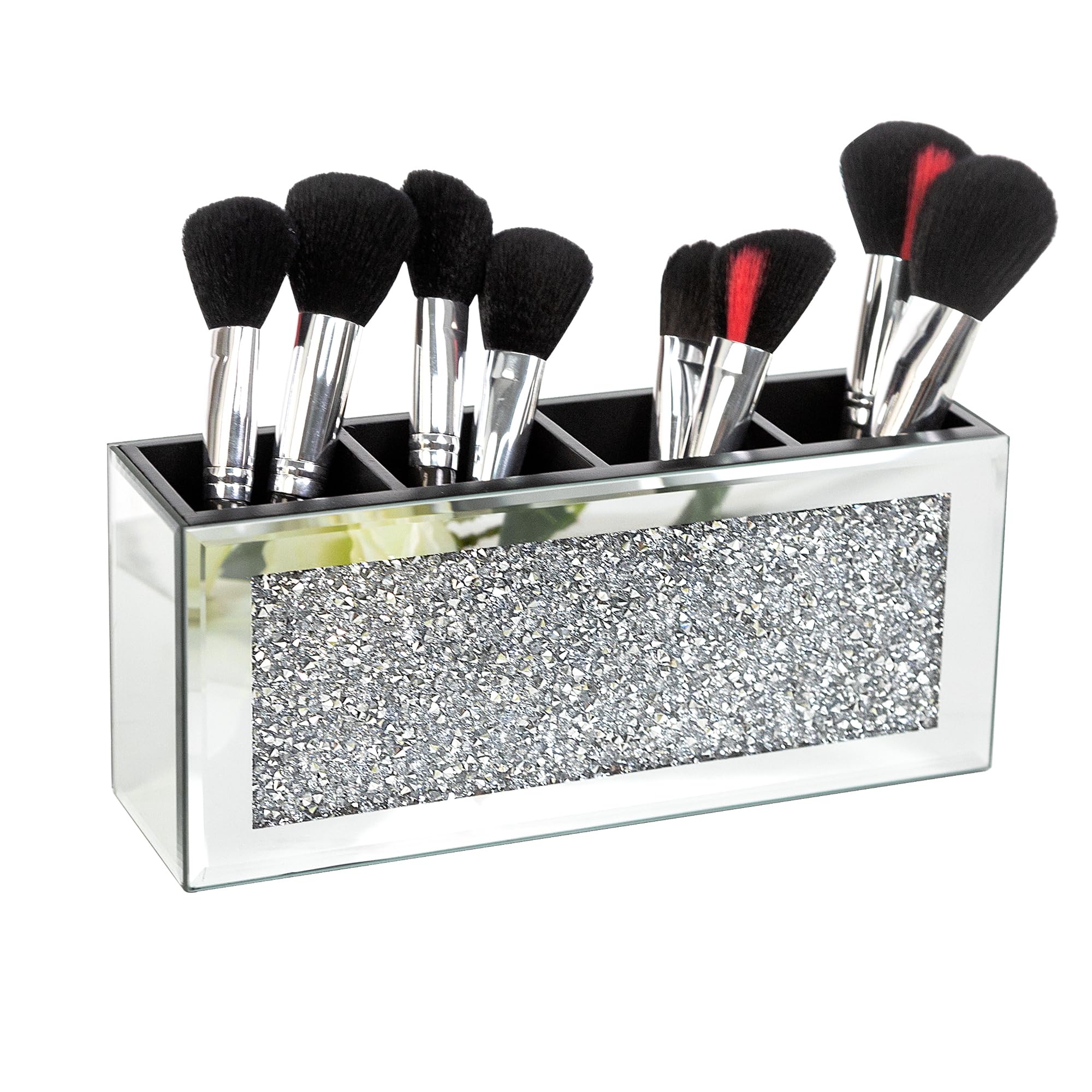 Shyfoy 4-Compartment Makeup Brush Holder, Mirrored Makeup Organizer With Crushed Diamond Crystals, Vanity Cosmetics Organizer So