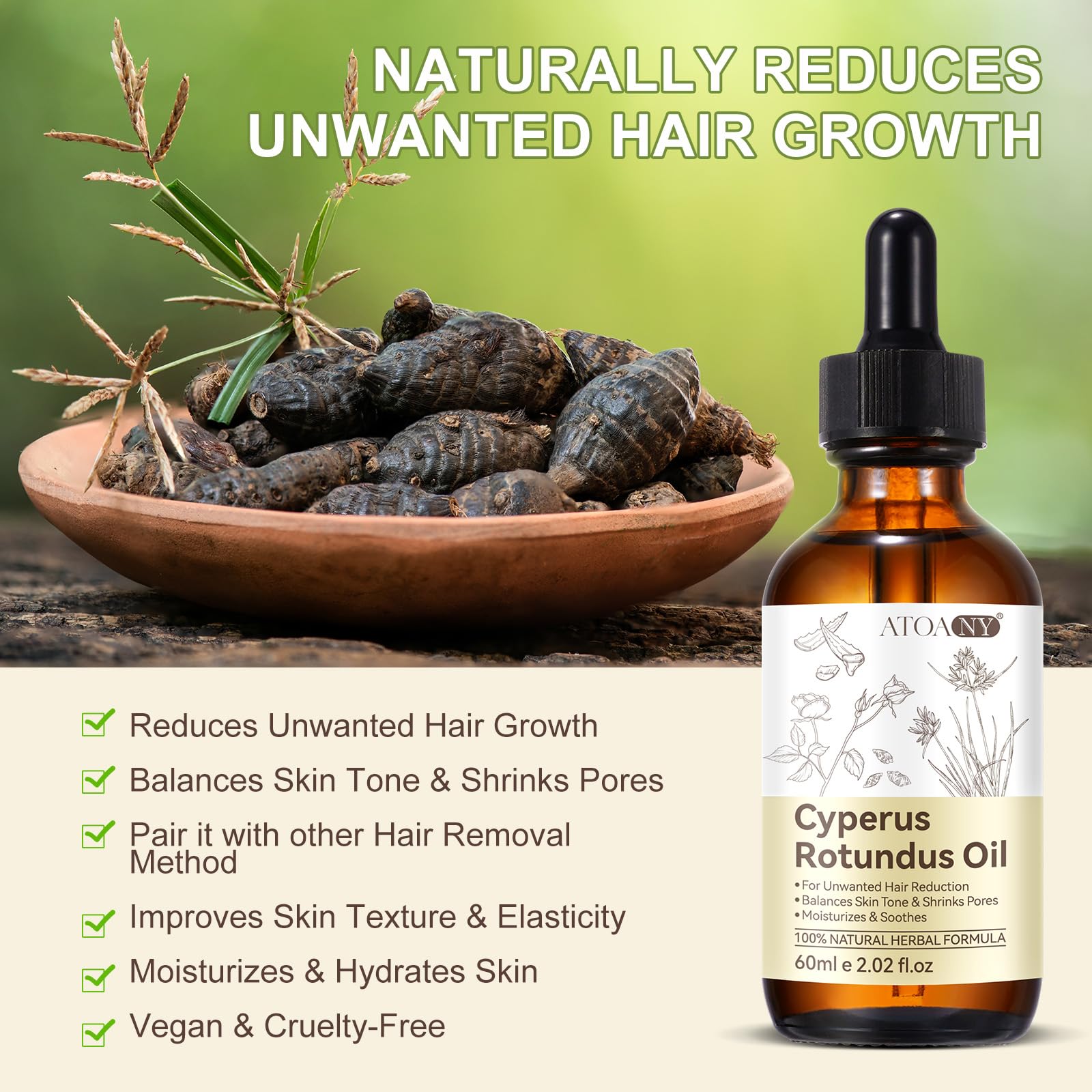 Cyperus Rotundus Oil, Natural Nut Grass Cyprus Oil for Reducing Body Hair Growth, Smooth Skin & Hairs Removal, Moisturizing & So
