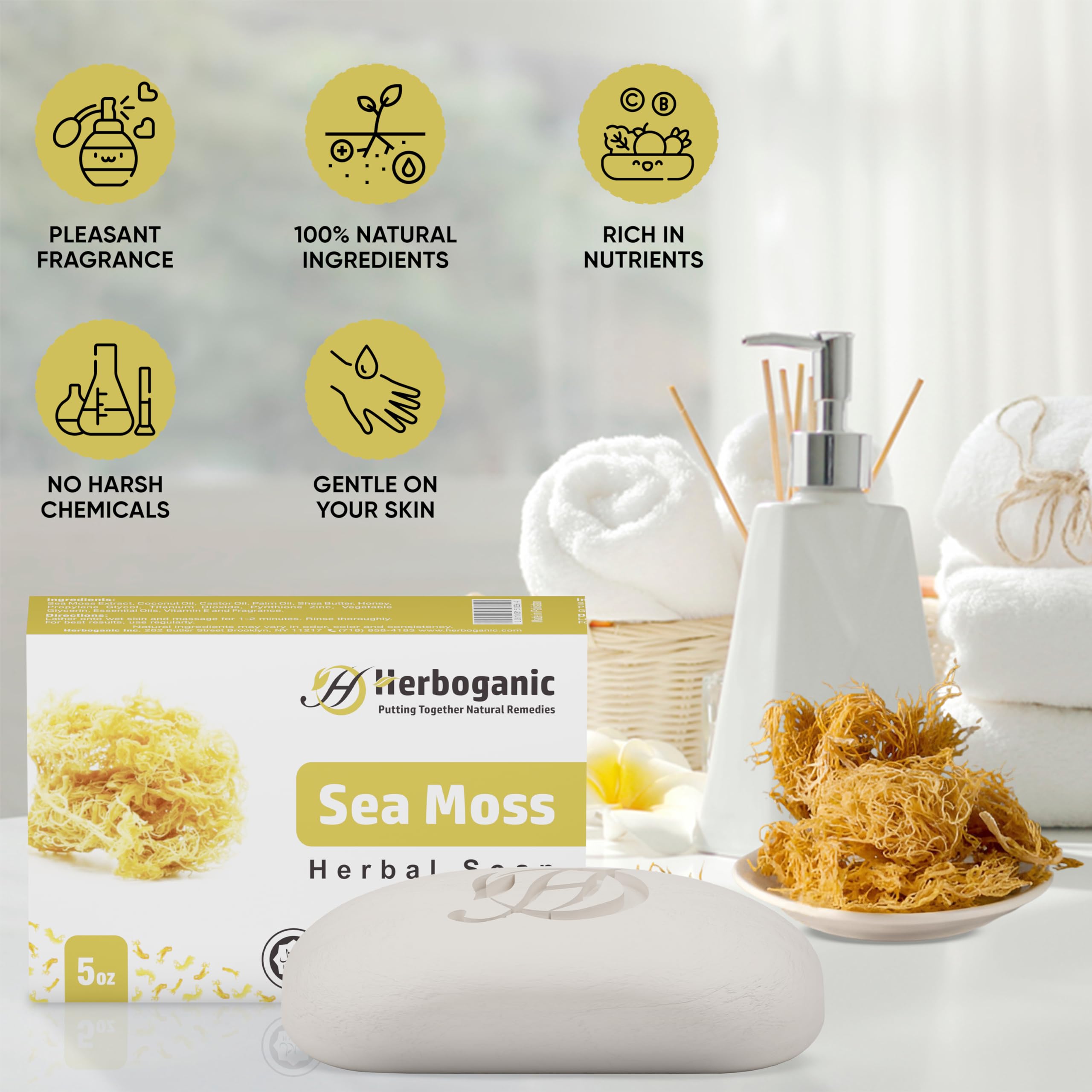 HERBOGANIC Sea Moss Herbal Soap | Pack of 6 of 5oz soap Bar | Ideal for Men and Women, Soothing and Nourishing Soap for Moisturi