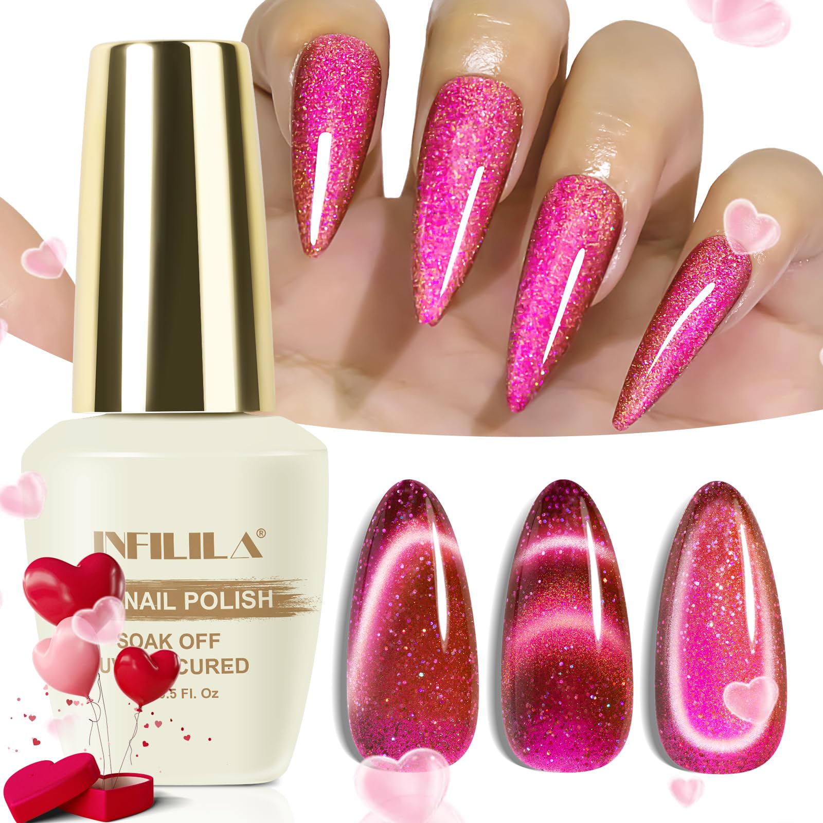 Nxj Infilila Cat Eye Gel Nail Polish,15Ml Holographic Cat Eye Gel Polish, Pink Glitter Cat Eye Polish Magnetic Reflective Hema F