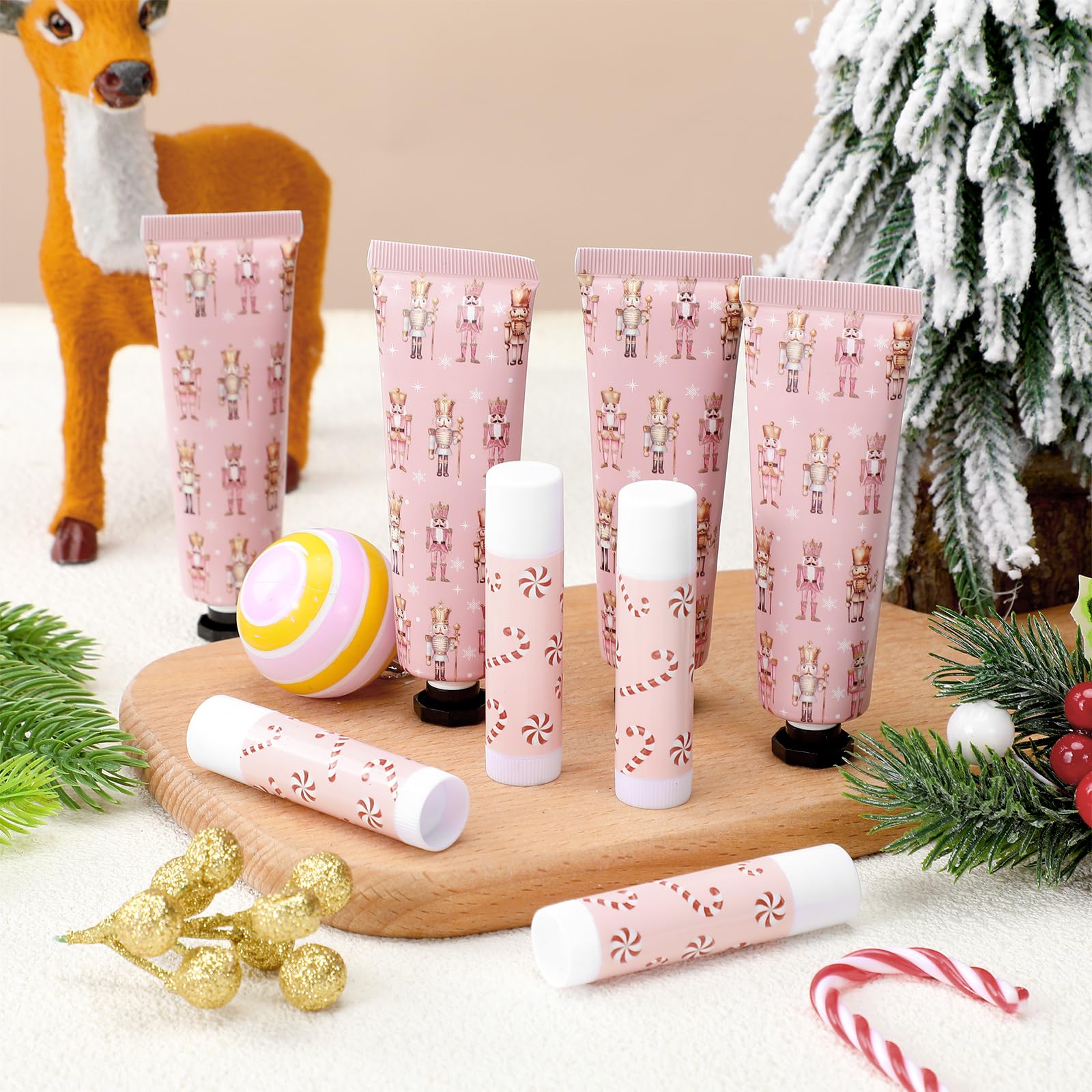 Dansib 24 Sets Christmas Pink Nutcracker Hand Cream and Candy Lip Balm Gift Christmas Party Favors Travel Size Hand Lotion and L