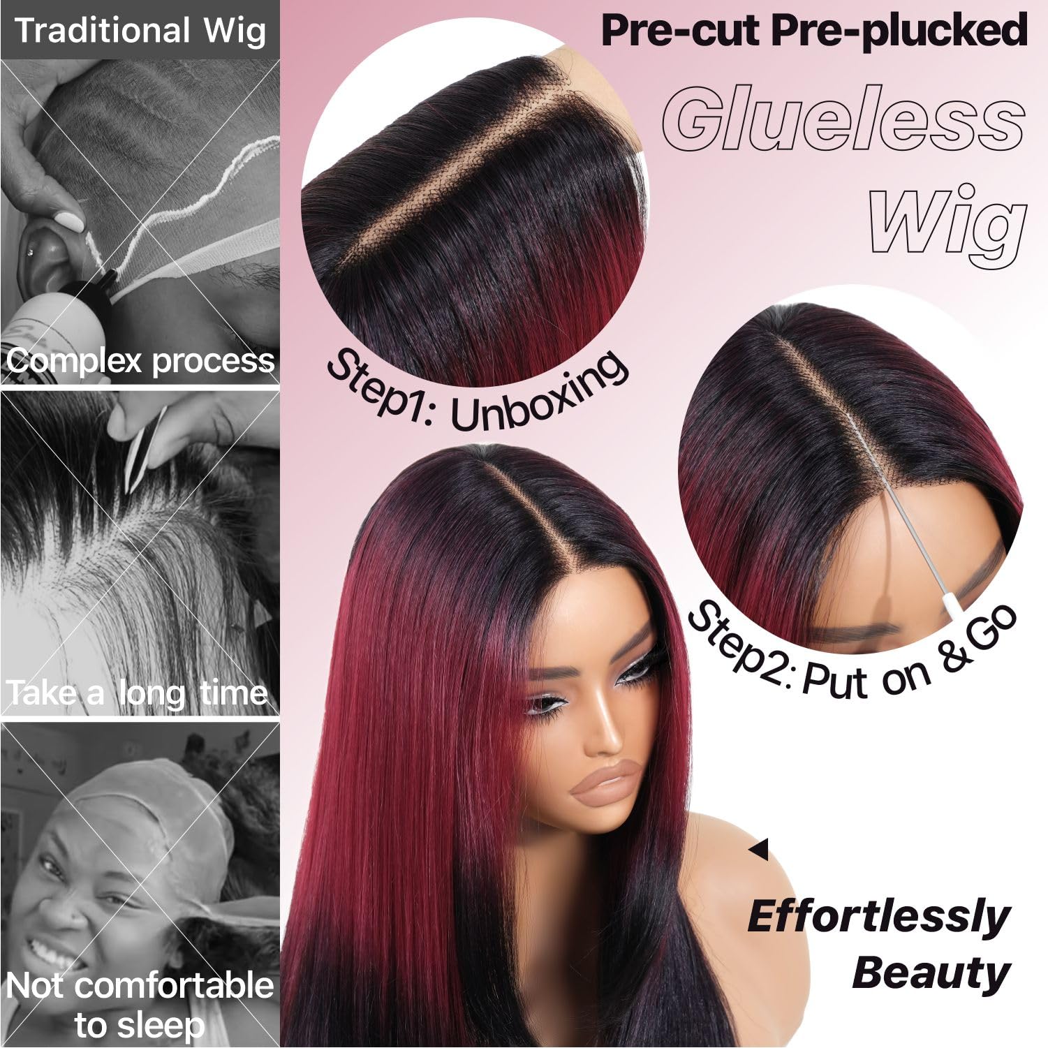 BrownBomb Ombre Red Black Wear and Go Glueless Wigs Pre Plucked Pre Cut for Beginners Synthetic Lace Front Wigs With Bangs Long