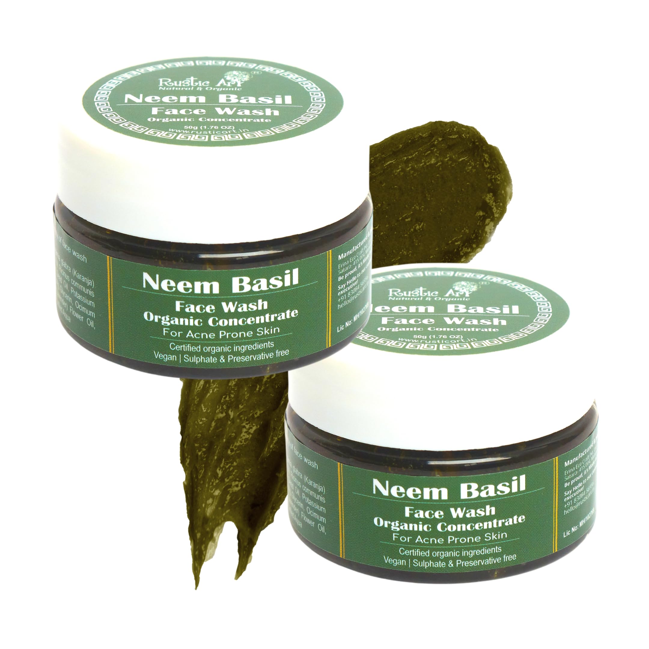 Rustic Art Neem Basil Face Wash Concentrate | Acne & Pimple Control | Deep Cleansing 3X Long Lasting Gel | Organic & Herbal | Su