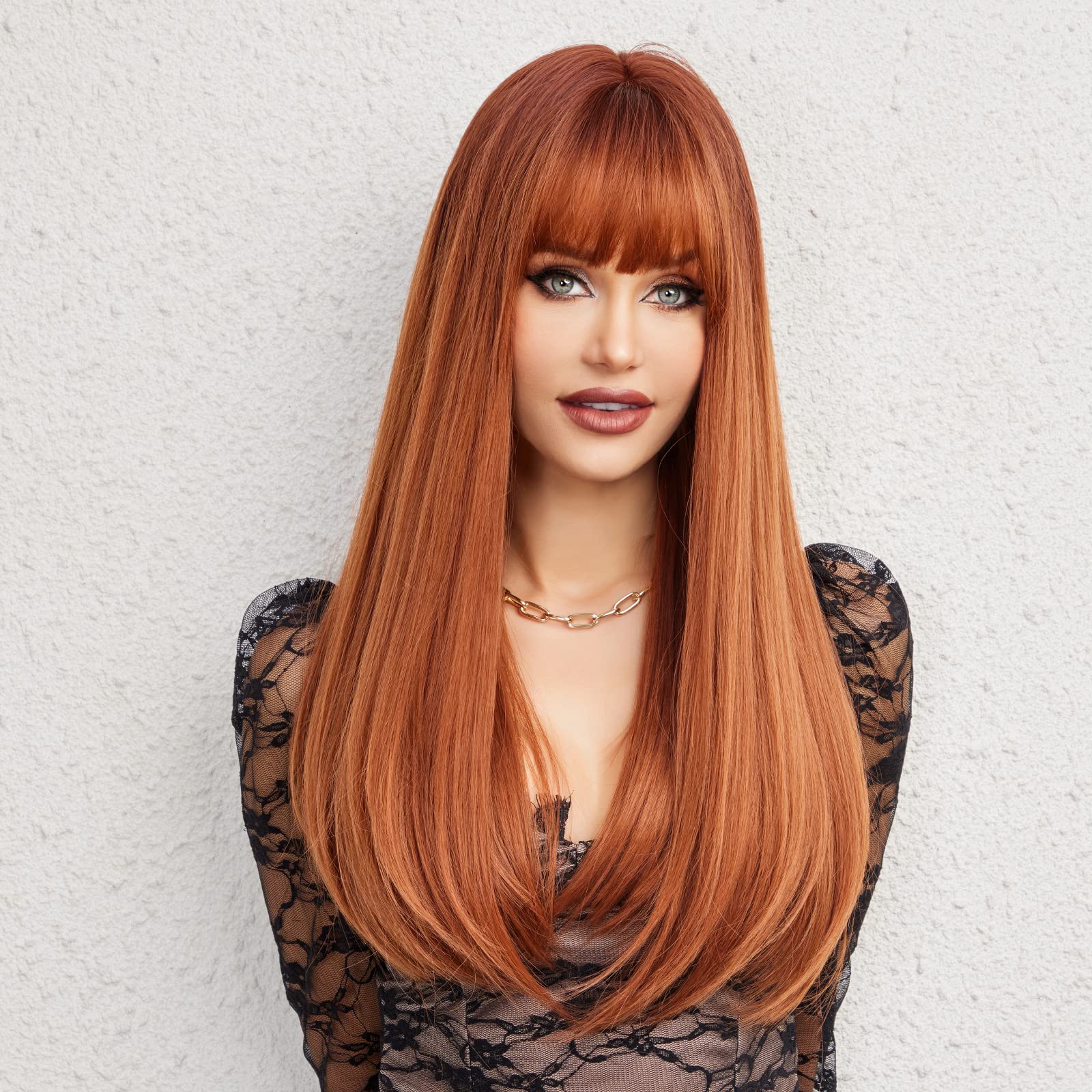 Haircube Auburn Wig With Bangs Long Hair With Bangs Red Hair Natural Appearance Heat-Resistant Synthetic Wig Daily Play Party Su