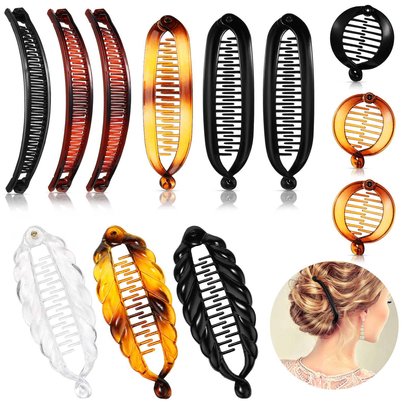 12 Pieces Hair Clips and Ponytail Holders - Classic Large Double Comb, Fishtail Clip, Banana Style Clips for Women and Girls, 4 