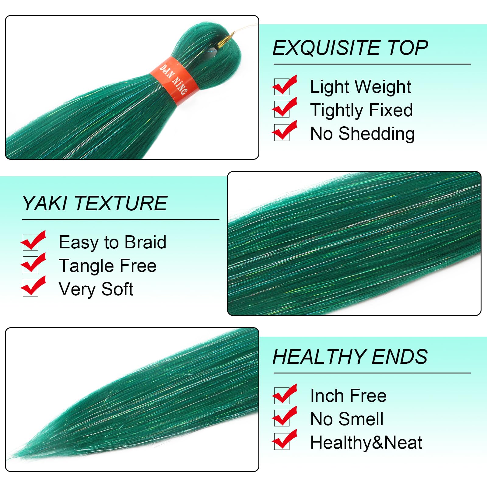 Sparkling Green Pre Stretched Braiding Hair 30 Inch Glitter Kanekalon Box Braid Hair Extensions Shinny 3 Packs Yaki Texture Pre