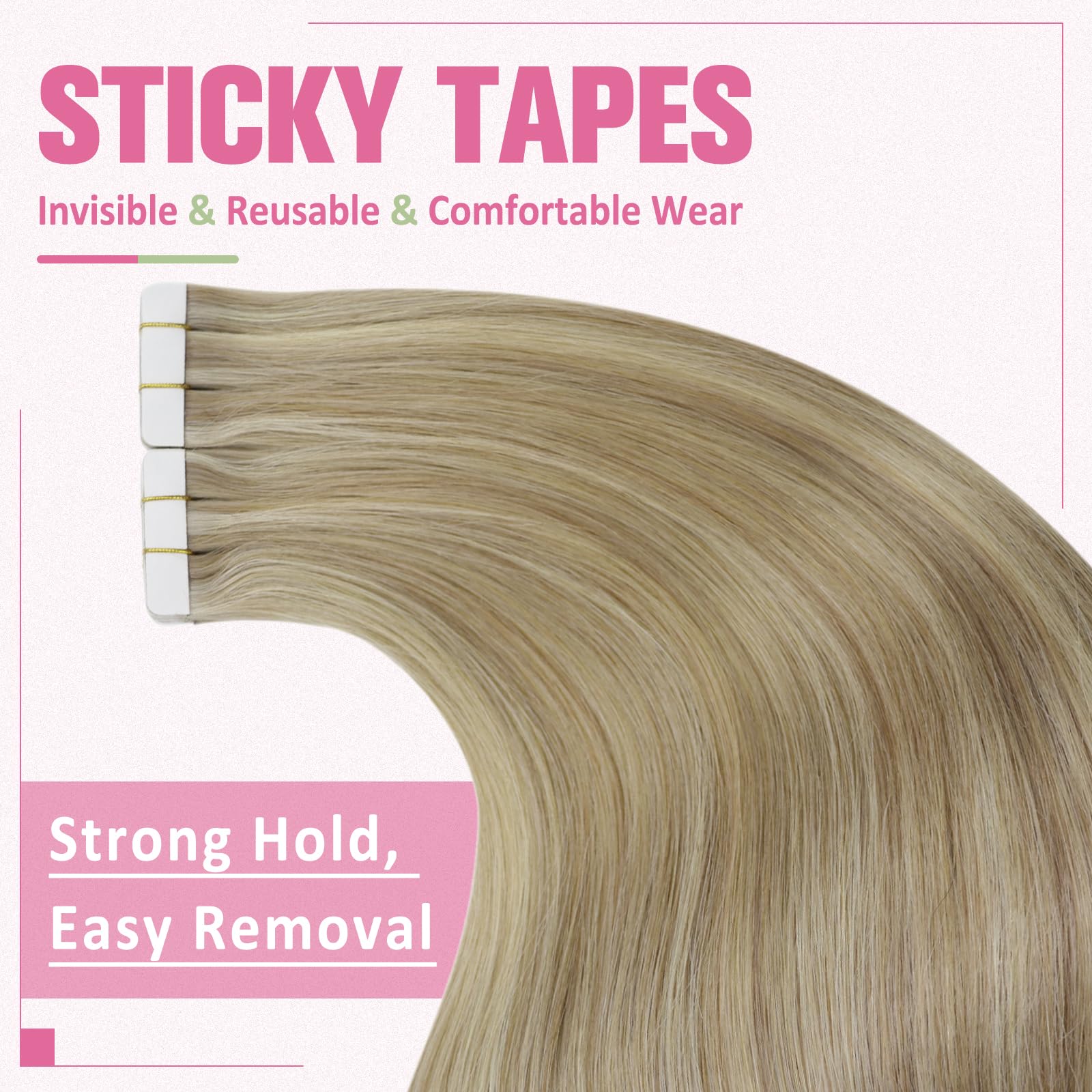 YoungSee Tape in Hair Extensions Real Human Hair Blonde Highlight Tape ins Human Hair Extensions Golden Blonde Highlights Human