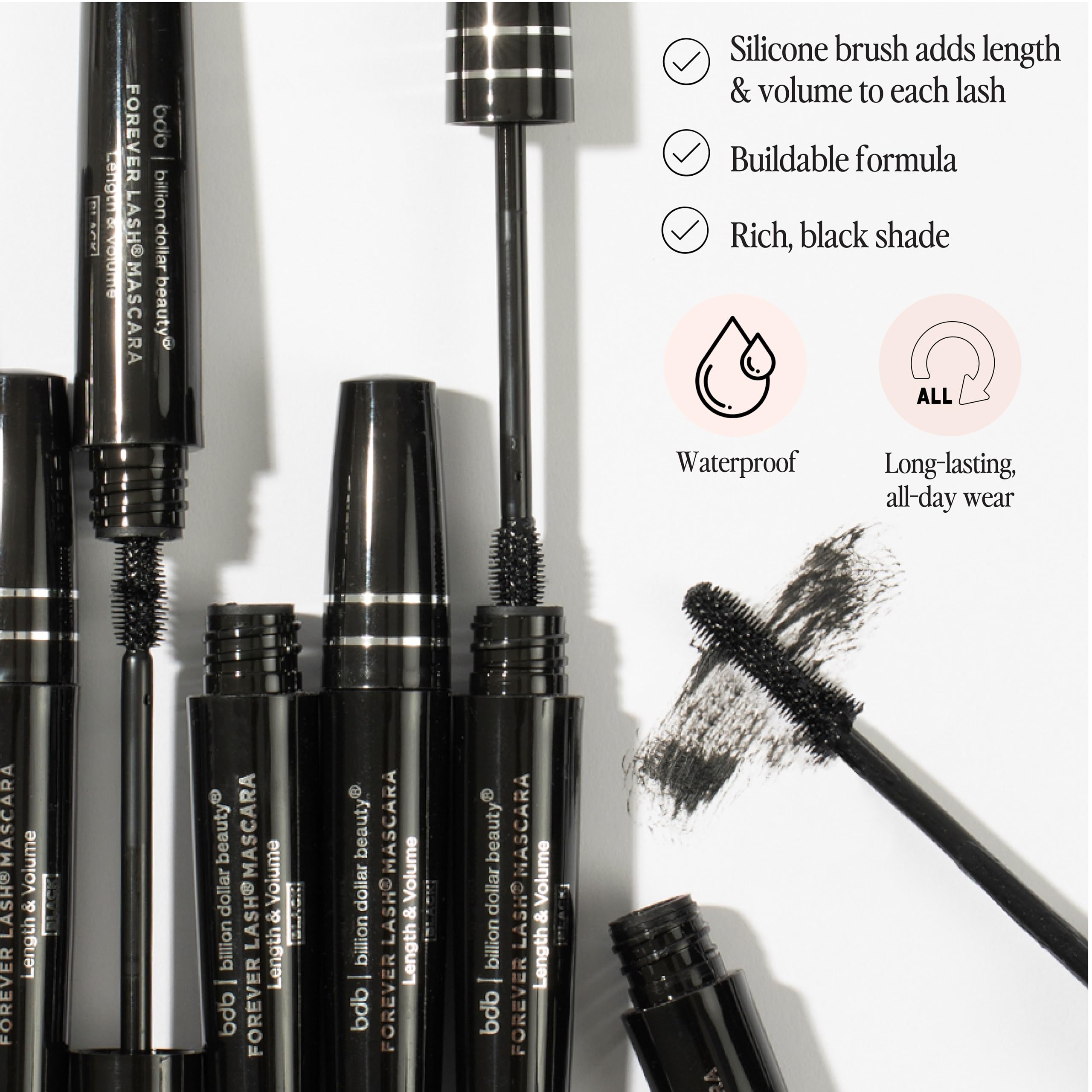 Billion Dollar Brows Forever Lash Mascara, Length & Volume In Seconds, Waterproof Formula, Unique Silicone Wand, Professional Qu