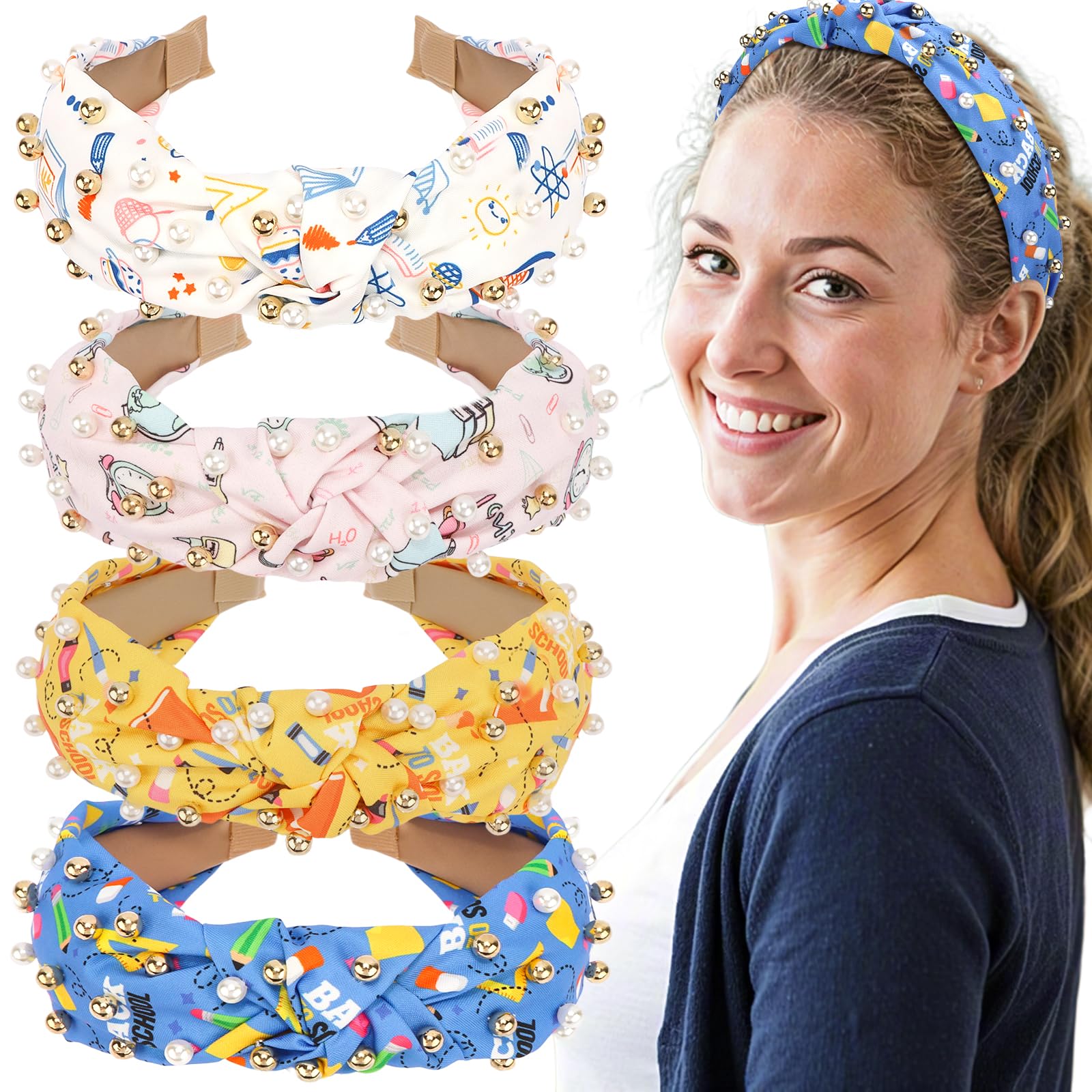 Hapdoo 4pcs Teacher Jeweled Knotted Headband  Back To School Gift Book Pencil Beaded Pearl Embellished Headband Top Knot Hair A