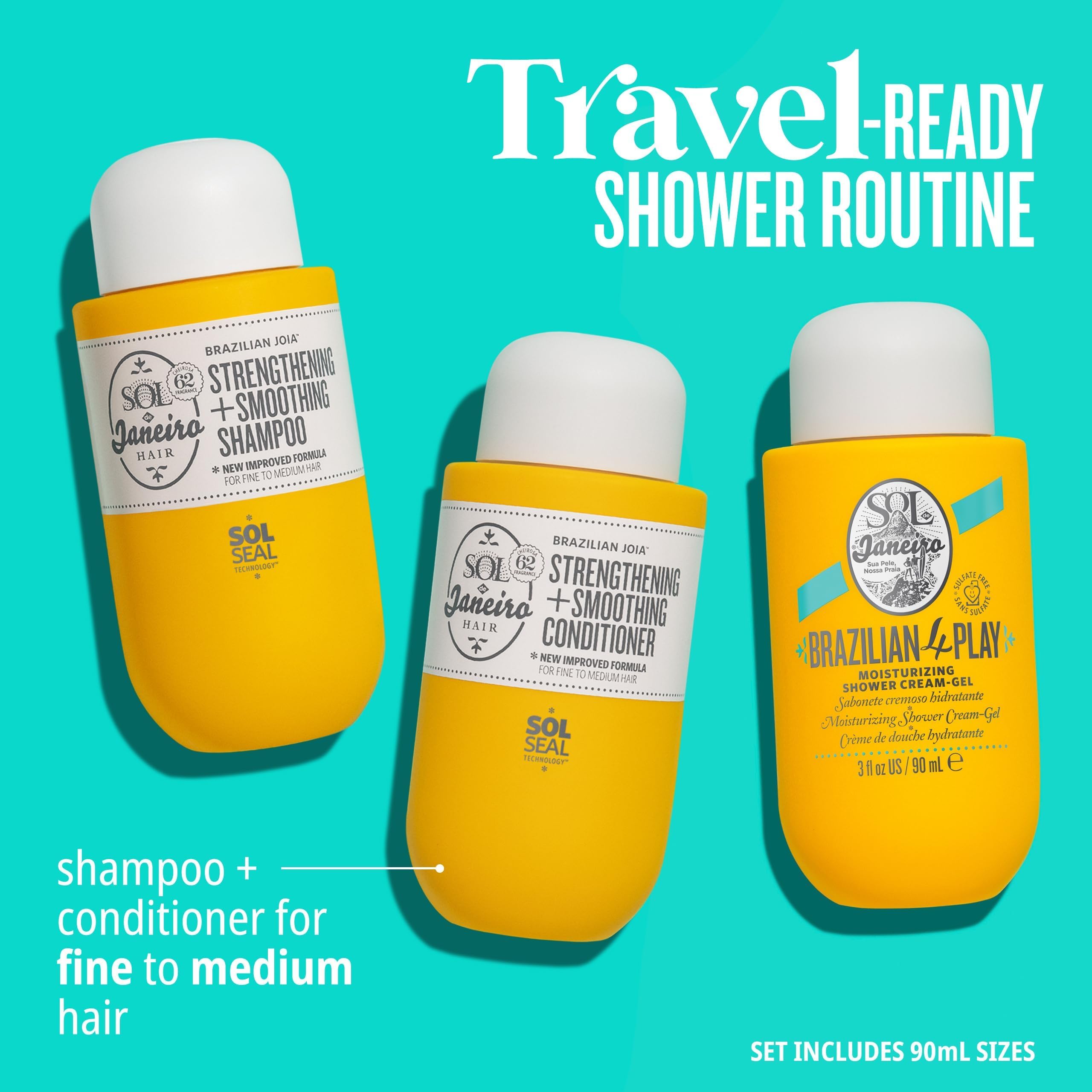 Sol De Janeiro Mini 4 Play Moisturizing Shower Cream Gel Body Wash + Brazilian Joia Damage Repairing Shampoo And Conditioner Set