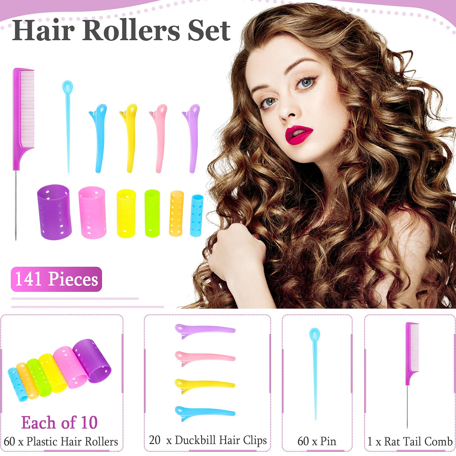 141 Pieces Magnetic Hair Rollers Set, Include 60 Pieces Mixed Sizes Plastic Hair Rollers With 60 Pins, 20 Duck Teeth Hair Clips