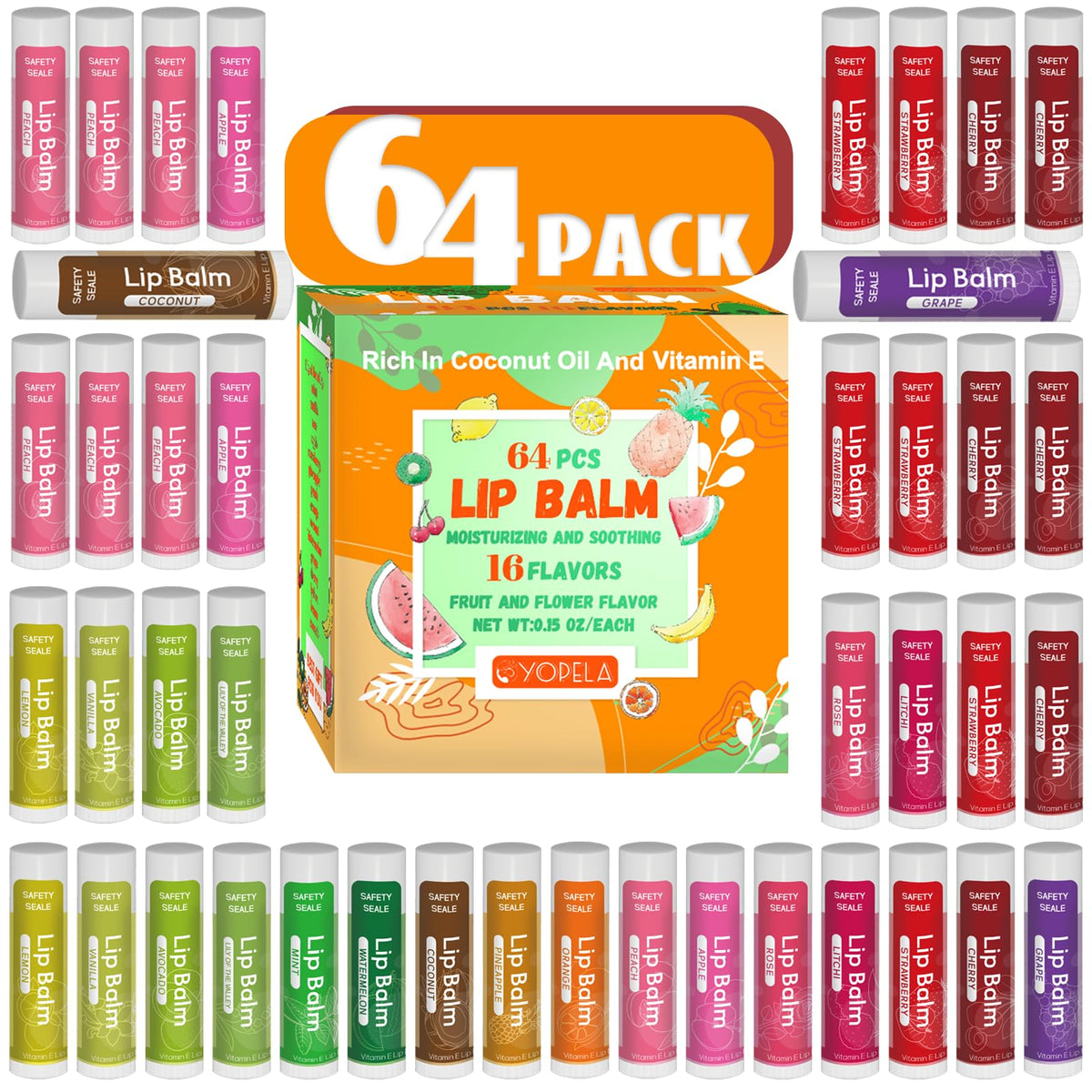 64 Pack Natural Lip Balm Bulk with Vitamin E and Coconut Oil - Moisturizing Dry Cracked Lips, Mini Chap Stick Gifts for Kids Wom