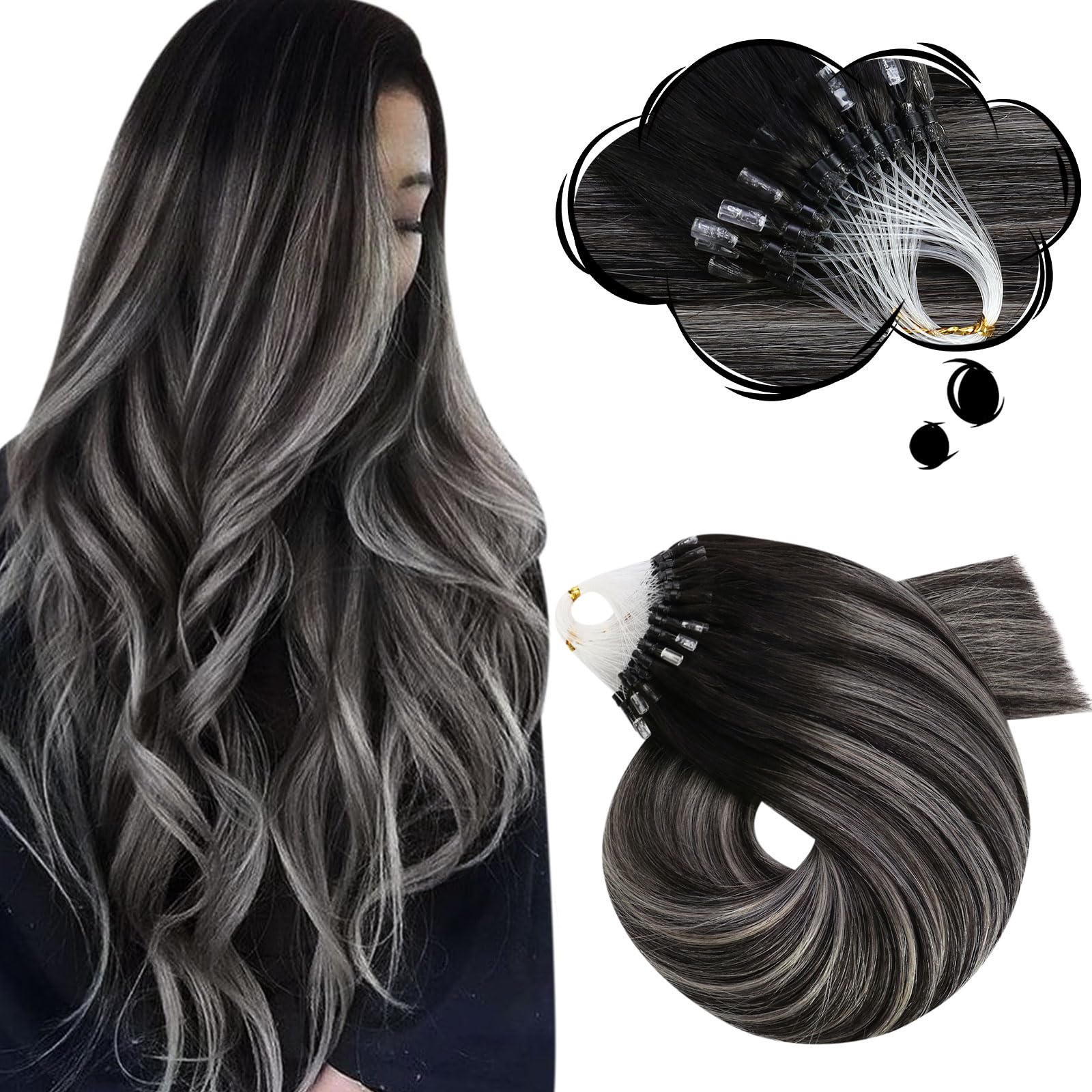 Moresoo Balayage Hair Extension Micro Beads Human Hair Ombre Off Black To Silver Microlink Hair Extensions Real Human Hair Black